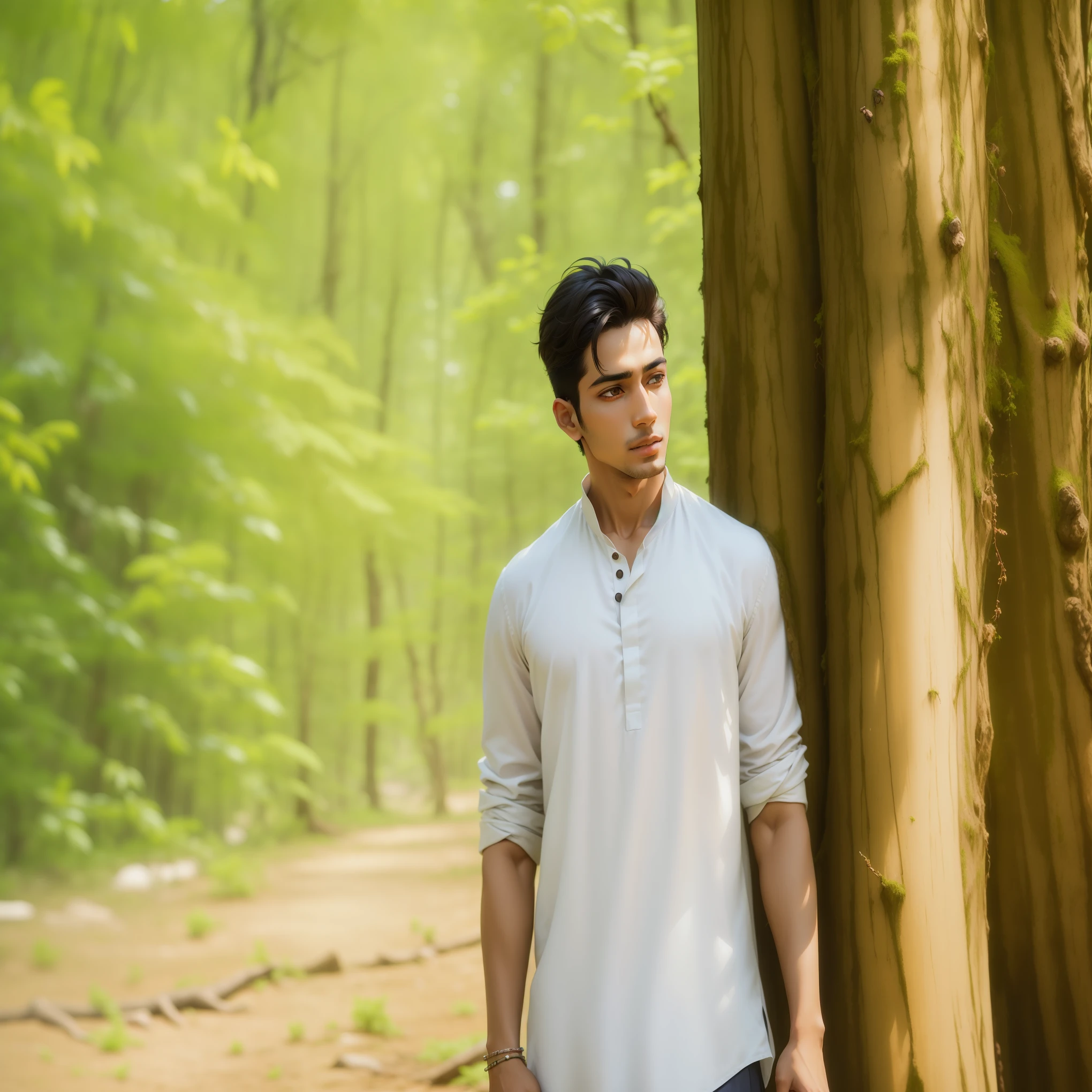 araffe man leaning against a tree in a forest, wearing a kurta, wearing a silk kurta, mid shot portrait, wearing white shirt, wearing a white shirt, wearing a linen shirt, assamese aesthetic, amidst nature, looking majestic in forest, handsome man, wearing white clothes, beautiful young man, modeling shoot, inspired by Saurabh Jethani