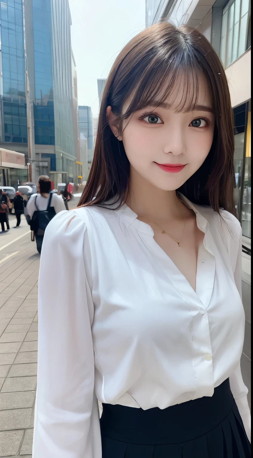 table top, highest quality, shape, Super detailed, finely, High resolution, 8k wallpaper, 完璧なダイナミックな構shape, beautiful and detailed eyes,small breasts,natural color lip, smile、20 year old girl、cute、looking at the camera,perfect and beautiful face,Take only the face,beautiful and detailed face、slim face and style,Big eyes、Do gal makeup,real photos、long sleeve blouse、flare skirt,Blurred big city background