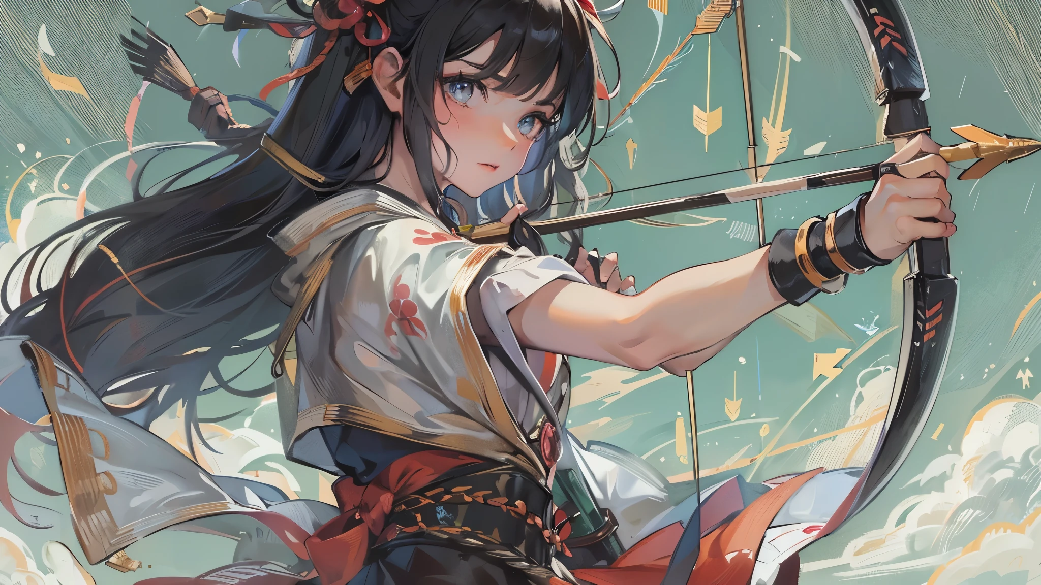 perfect anatomy, masterpiece:1.2, best quality, 8k, beautiful detailed grow, daydreaming expression, from-side (((Shooting:1.3 an Arrow of light))) (hand holding long-bow gripping long-bow in hand), break, a ((blunt bangs)) (black hair long hair divine beautiful girl, 14 yo), ((cute closed:1.2 eyes)), (serious face), in a Shrine maiden costume, ((background is shooting rain od arrows)).