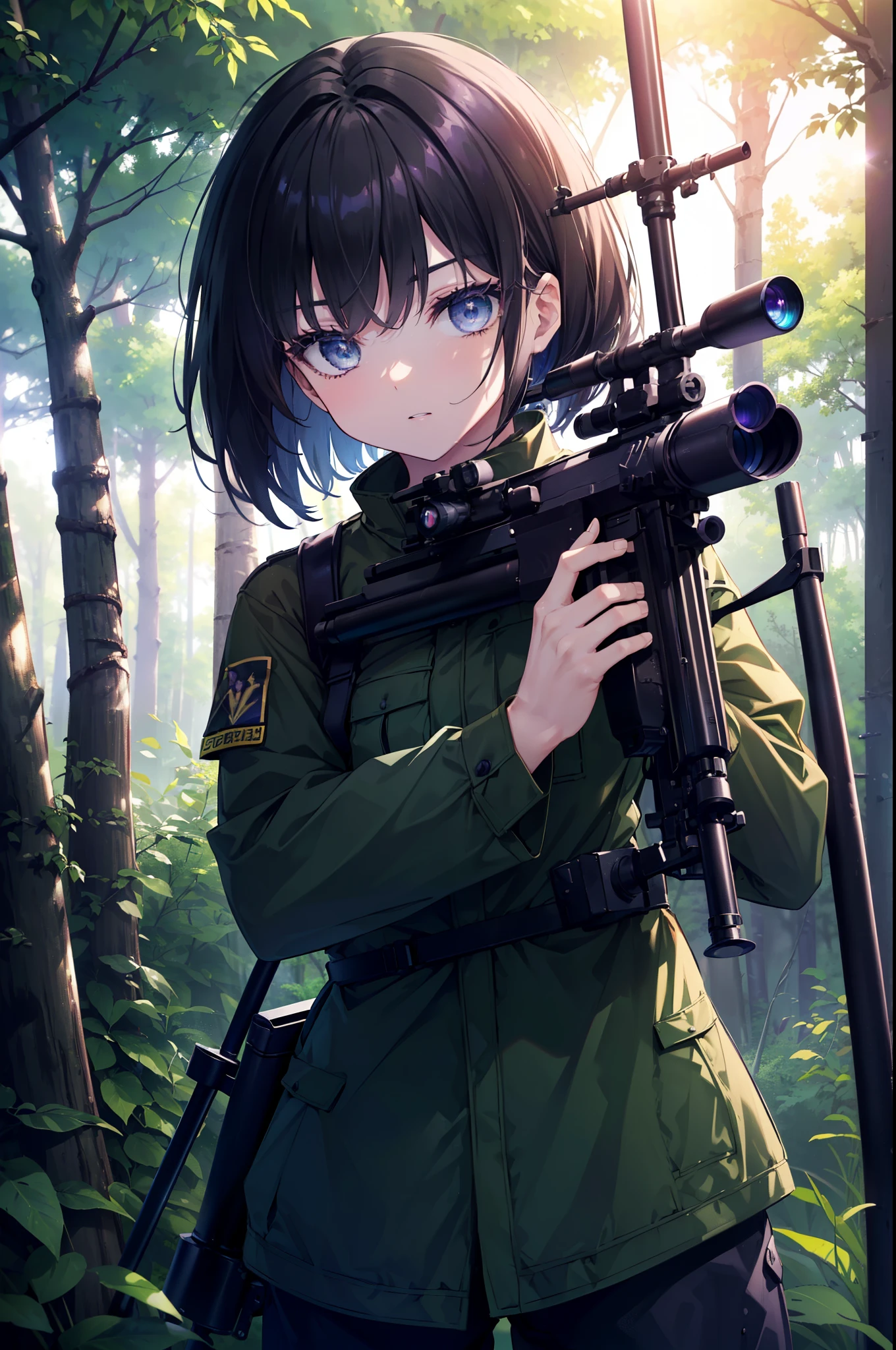 Takiuchi Kame, check it out, short hair, bangs,  black hair, (purple eyes:1.2),((sniper rifleを構える)), ((Bolt-Action Rifles),arms, gun, holding sniper rifle, camouflage,sniper rifle, holding, holding sniper, 50caliber,  camouflage, uniform, 
break outdoors, forest,forest林,dense forest,
break looking at viewer, (cowboy shot:1.5),
break (masterpiece:1.2), highest quality, High resolution, unity 8k wallpaper, (figure:0.8), (detailed and beautiful eyes:1.6), highly detailed face, perfect lighting, Very detailed CG, (perfect hands, perfect anatomy),