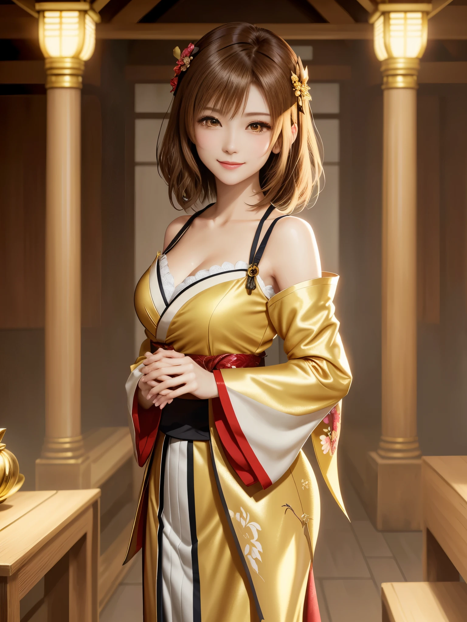 masterpiece , best quality,smile,smile,small face,shoulder exposure,golden kimono,less cleavage exposure,light brown hair,beautifully curled hair,slender body shape,brown eyes,Contrast faithfully reproduced,short hair,Beautiful short hair,Berry Short,short cut hair,just one person,precision quality,Faithfully reproduced eyes, The surroundings are shining gold,golden aura around the body,golden shining background,masterpiece,night,nightの背景,golden background,cherry blossom background,beautiful details, colorful, delicate details, delicate lips, intricate details, genuine, ultrargenuineista, 枝に座っている色とりどりの髪のFoxを持つ女の子:Mature, bright eyes, ,色とりどりのFox, raposa de nine tails, 三尾Fox, 三尾Fox, onmyoji detail art, beautiful fine art illustration, mythical creatures, Fox, beautiful digital art,shrine maiden,hold hands,exquisite digital illustration, mizutsune, Inspired by mythical wild web creatures, pixiv in digital art, shining light, high contrast, Mysterious,