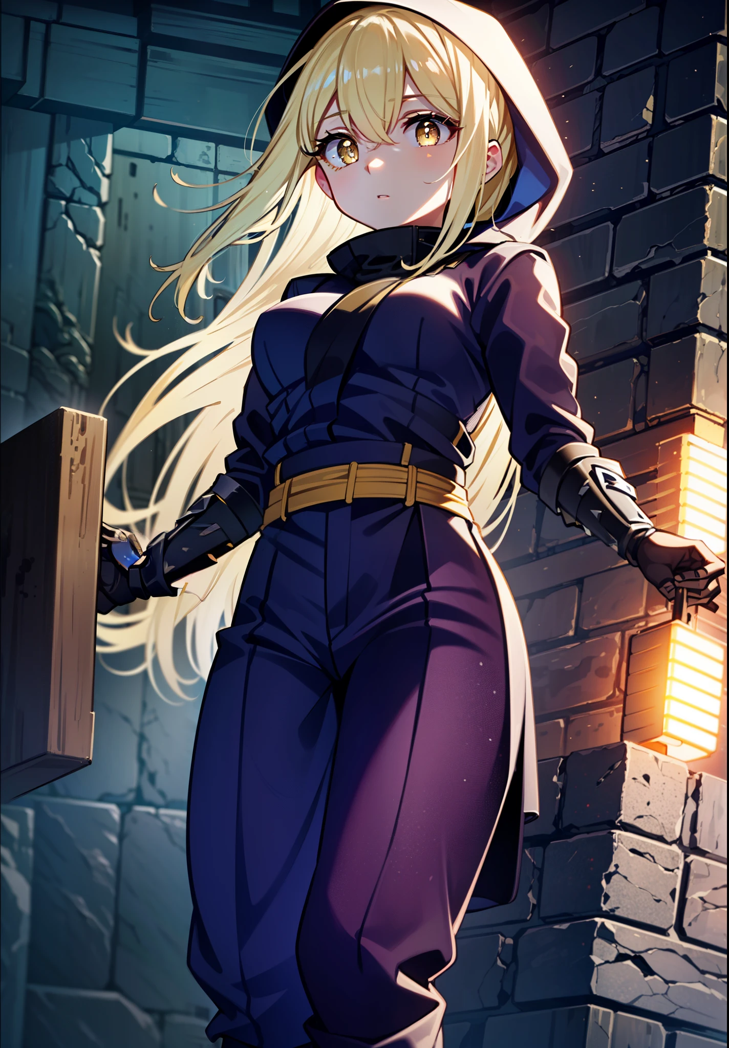 ice wallenstein, Behind Wallenstein, blonde hair, hair between eyes, hair band, long hair, (yellow eyes:1.5), hood up,Severe,black ninja uniform,ninja,black shinobi pants,boots,action pose,Medieval European-style building,Looking down from the rooftop,break (masterpiece:1.2), highest quality, High resolution, unity 8k wallpaper, (shape:0.8), (beautiful and detailed eyes:1.6), highly detailed face, highly detailed fingers,perfect lighting, Very detailed CG, (perfect hands, perfect anatomy),