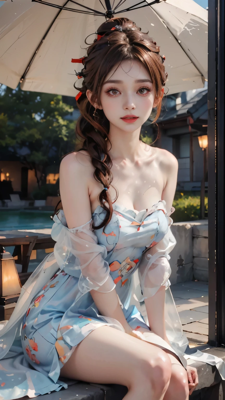 （Modify hair only、Face）Light blue transparent dress，Reddish-brown hair，curls，ponytail，Nice bun，Perfect hairstyle，red headdress，red eyes，red eye，red pupils，Delicate and detailed eyes，sparkling eyes，huge ，Open your mouth，teeth，Smile