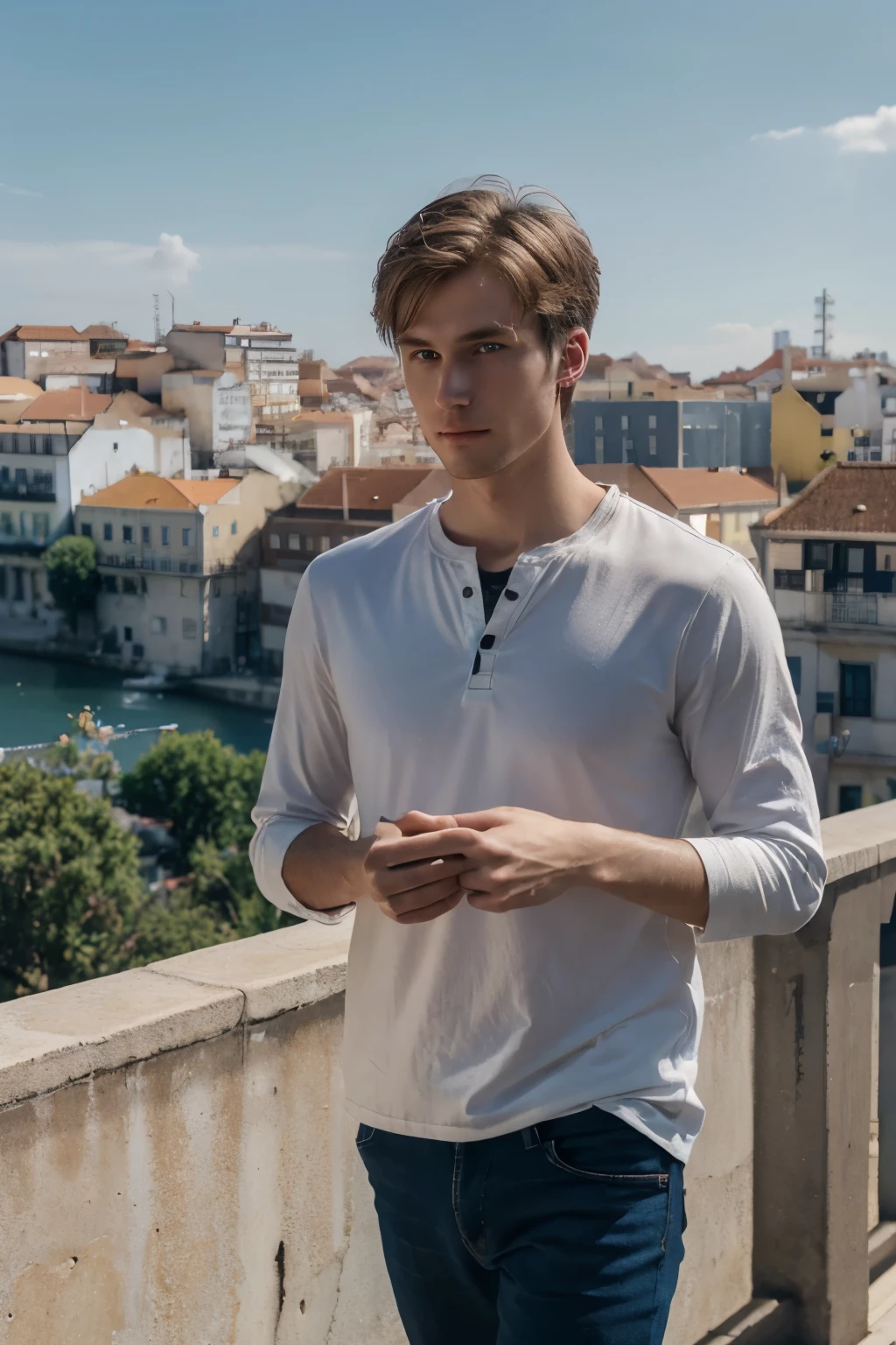 Detailed CG Unity 8K Wallpapers,masutepiece, Best Quality, Ultra-detailed), 25-year-old man living in Lisbon, 25 year old male, short hair, dark-blond hair, blue eyes, pale skin, casual and colorful clothes, masculine posture