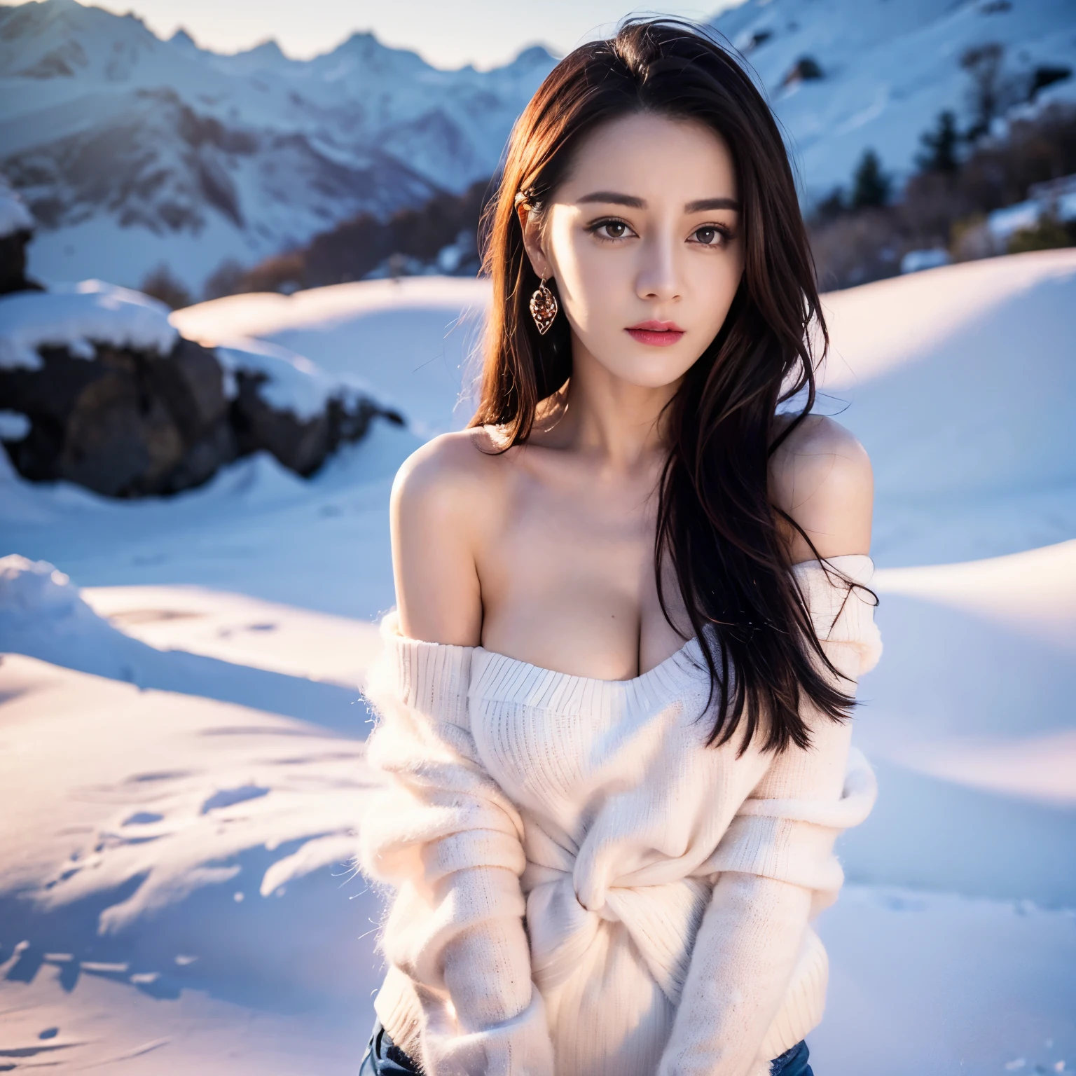 ((top quality、8k、​Masterpiece:1.3))、Extremely delicate and beautiful girl，full-body shot，huge breasts，bigger breasts，amazing breast size，G cup。Wear big earrings，Very white skin，moist red lips，Waist is very thin，Thighs are very thin，big butt，fair and smooth skin，Smooth and fair skin，flawless skin，Fair and shiny skin，cold white skin，The camera focuses on the chest，Bright light，white sweater，Lower body exposed，bare shoulders，light pink hair，The hair is light pink，heavy snow，snow mountain，sunset，Rizhao Jinshan