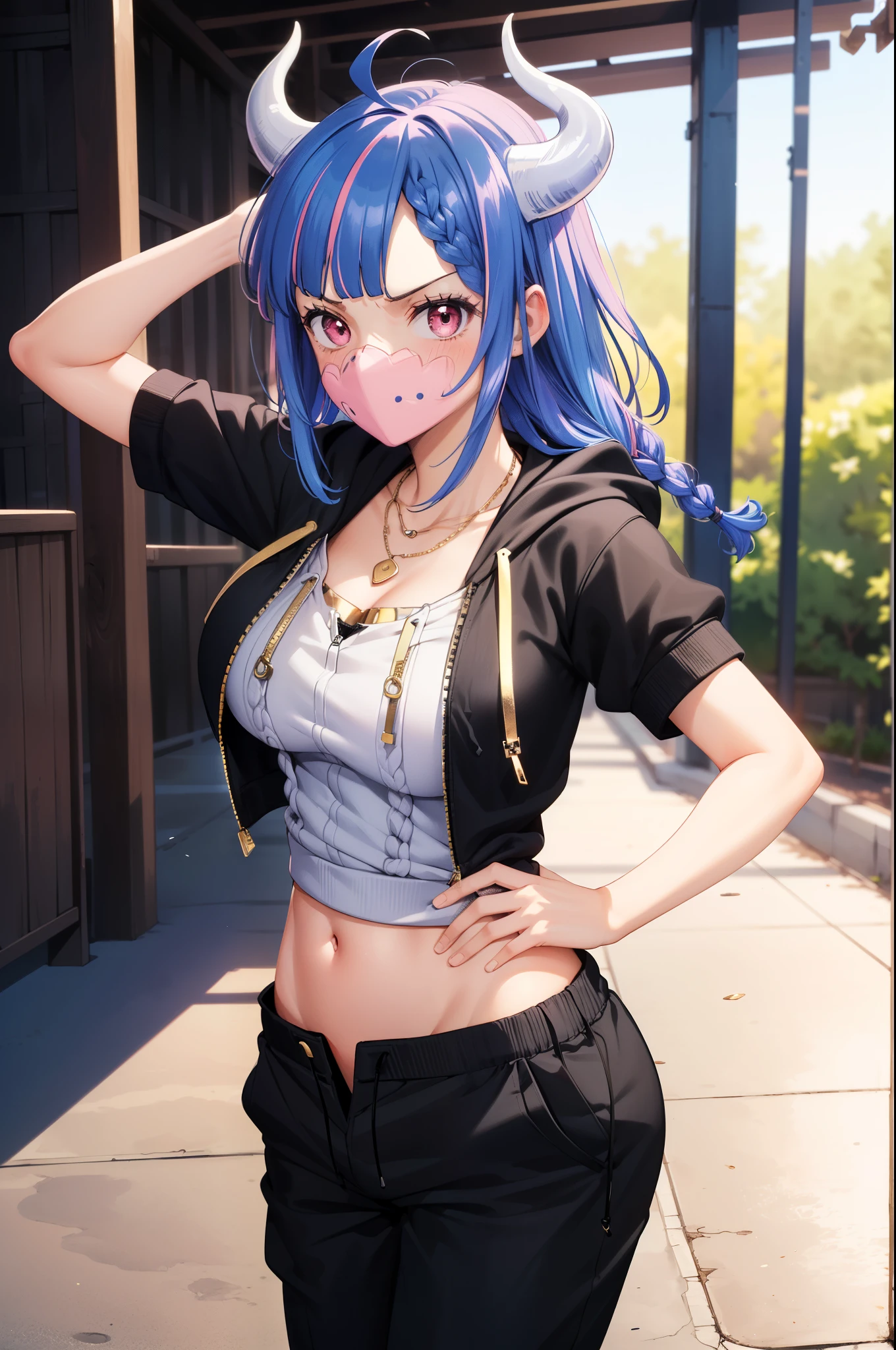 HDR, RAW image, high quality,(masterpiece, 最high quality:1.4), cinematic light, colorful, high contrast, (1 girl), UltiOP, One Piece Anime

((big breasts)), striped hair, colorful hair, long hair, blue hair, pink hair, bangs, up style hairstyle, (horn:1.1), pink eyes, dynamic pose, free pose, stand, cowboy shot, smile, blush

(white short sweatshirt:1.5), (crtopop:1.3), (Navel exposed:1.3), (black hoodie:1.5), open the zipper, (chino pants:1.3), (braided hair:1.3), (gold necklace:1.3), (dance:1.3), (In front of the station:1.3), In town, back alley