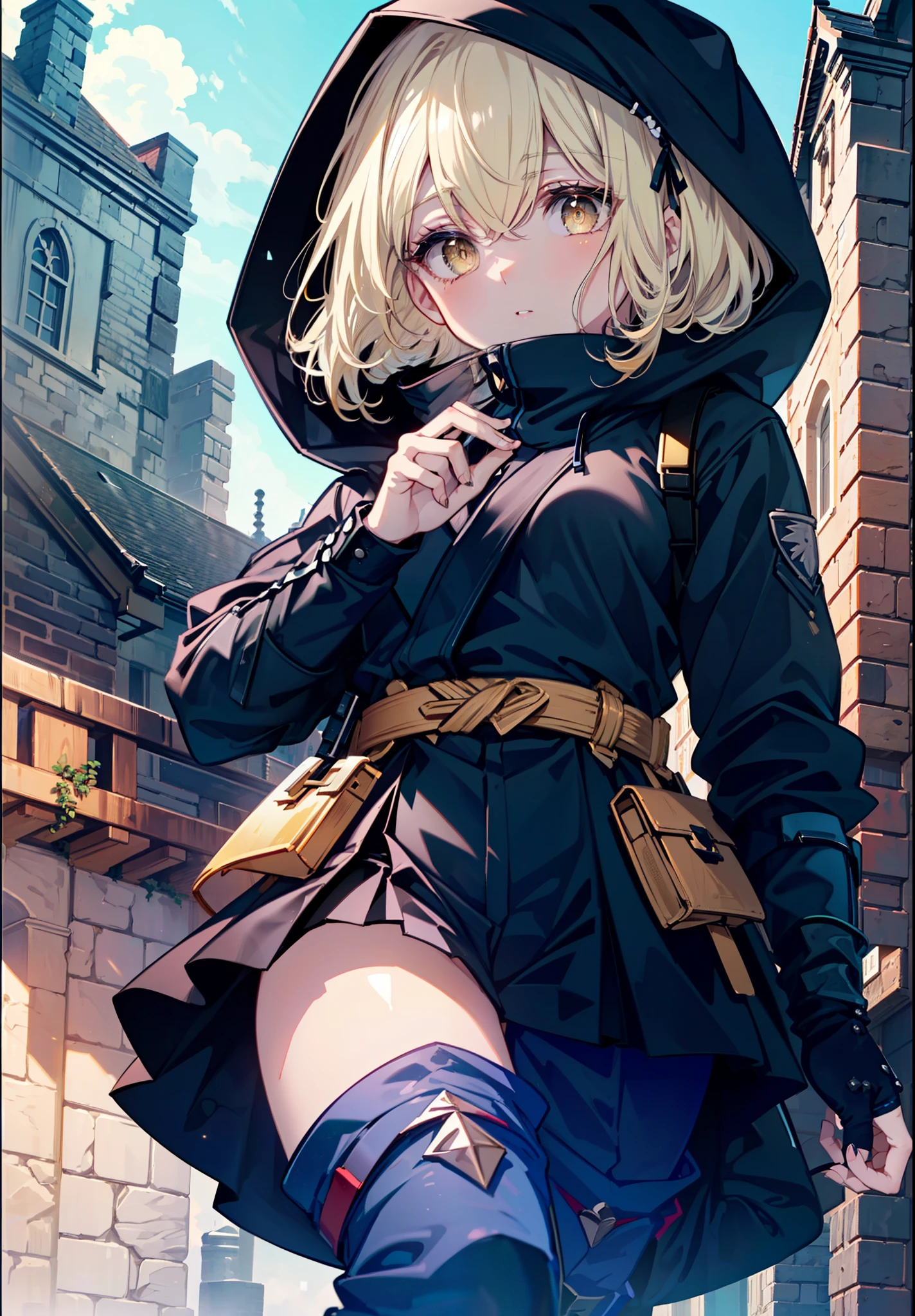 ice wallenstein, Behind Wallenstein, blonde hair, hair between eyes, hair band, long hair, (yellow eyes:1.5), hood up,Severe,black ninja uniform,ninja,black shinobi pants,boots,action pose,Medieval European-style building,Looking down from the rooftop,break (masterpiece:1.2), highest quality, High resolution, unity 8k wallpaper, (shape:0.8), (beautiful and detailed eyes:1.6), highly detailed face, highly detailed fingers,perfect lighting, Very detailed CG, (perfect hands, perfect anatomy),