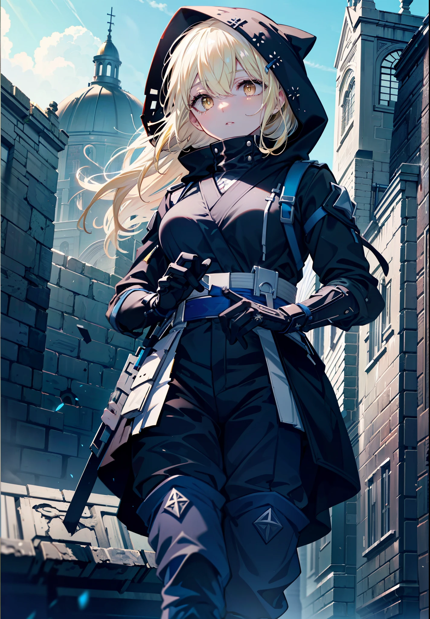 ice wallenstein, Behind Wallenstein, blonde hair, hair between eyes, hair band, long hair, (yellow eyes:1.5), hood up,Severe,black ninja uniform,ninja,black shinobi pants,boots,action pose,Medieval European-style building,Looking down from the rooftop,break (masterpiece:1.2), highest quality, High resolution, unity 8k wallpaper, (shape:0.8), (beautiful and detailed eyes:1.6), highly detailed face, highly detailed fingers,perfect lighting, Very detailed CG, (perfect hands, perfect anatomy),