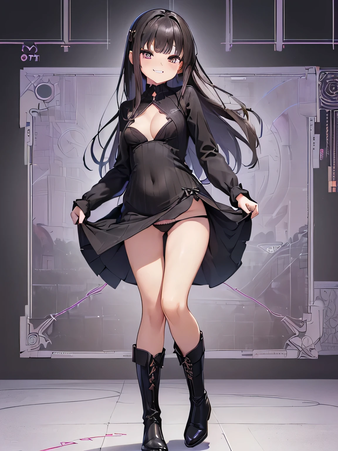 (masterpiece、highest quality、High resolution、realistic pictures、real looking skin:1.1), (She is wearing a tight black knit mini dress with long sleeves。.:1.5), (There is a small gap in the chest of that dress.、I can see the cleavage.:1.5), (It is a dress for everyday wear.:1.5), 1 Japanese woman, beautiful eyes, shining eyes, brown hair, medium long hair, OL, (She is rolling up the hem of her dress by herself..:2.0), (Iのパンティー々I&#39;Iはそれを人に見せています:1.8), (black long boots:1.5), (fancy pattern panties: 1.5), (provocative and grinning expression:1.5), (Are standing:1.5), (The place is a park:1.5), (full body figure:1.5), NSFW