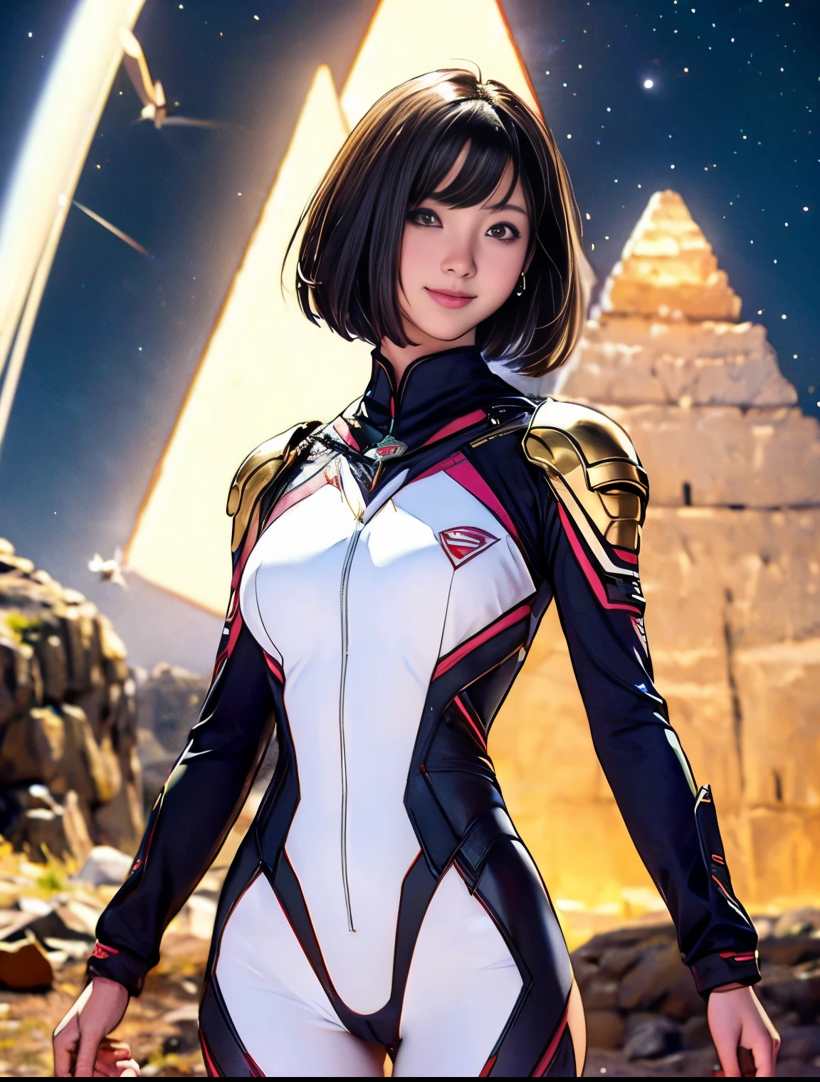 (original photo, best quality), (actual, photorealism:1.3), 1 girl, bob cut、earrings、Smile、actualbody,old space costume、ancient、rock、ancientの儀式、Pyramid shaped UFO flying from space、laser light、, (((camel toe))), (( Japanese girl))