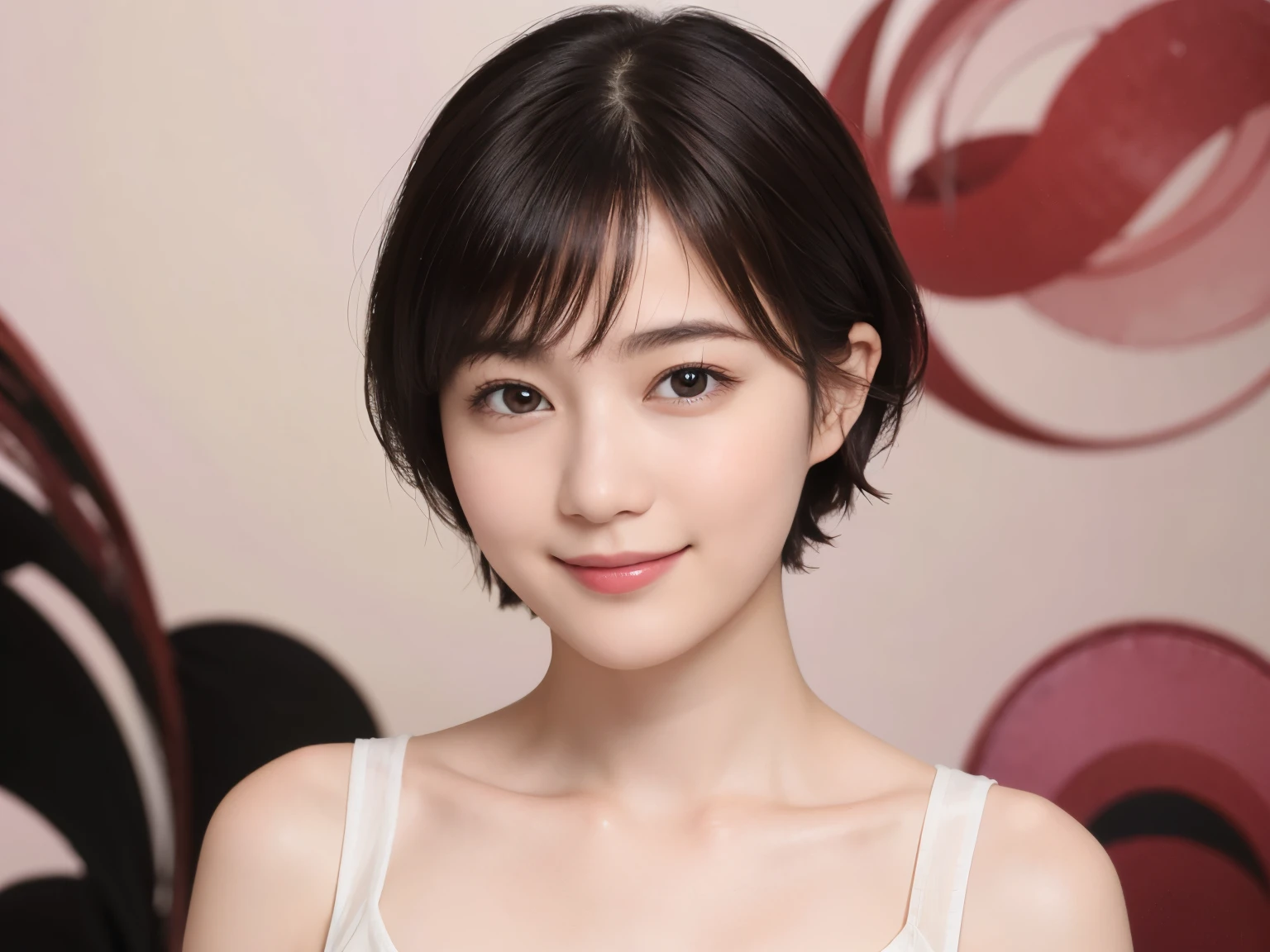 179 Short hair, 20 year old woman, gentle smile, (abstract background:1.46), chest:1.2