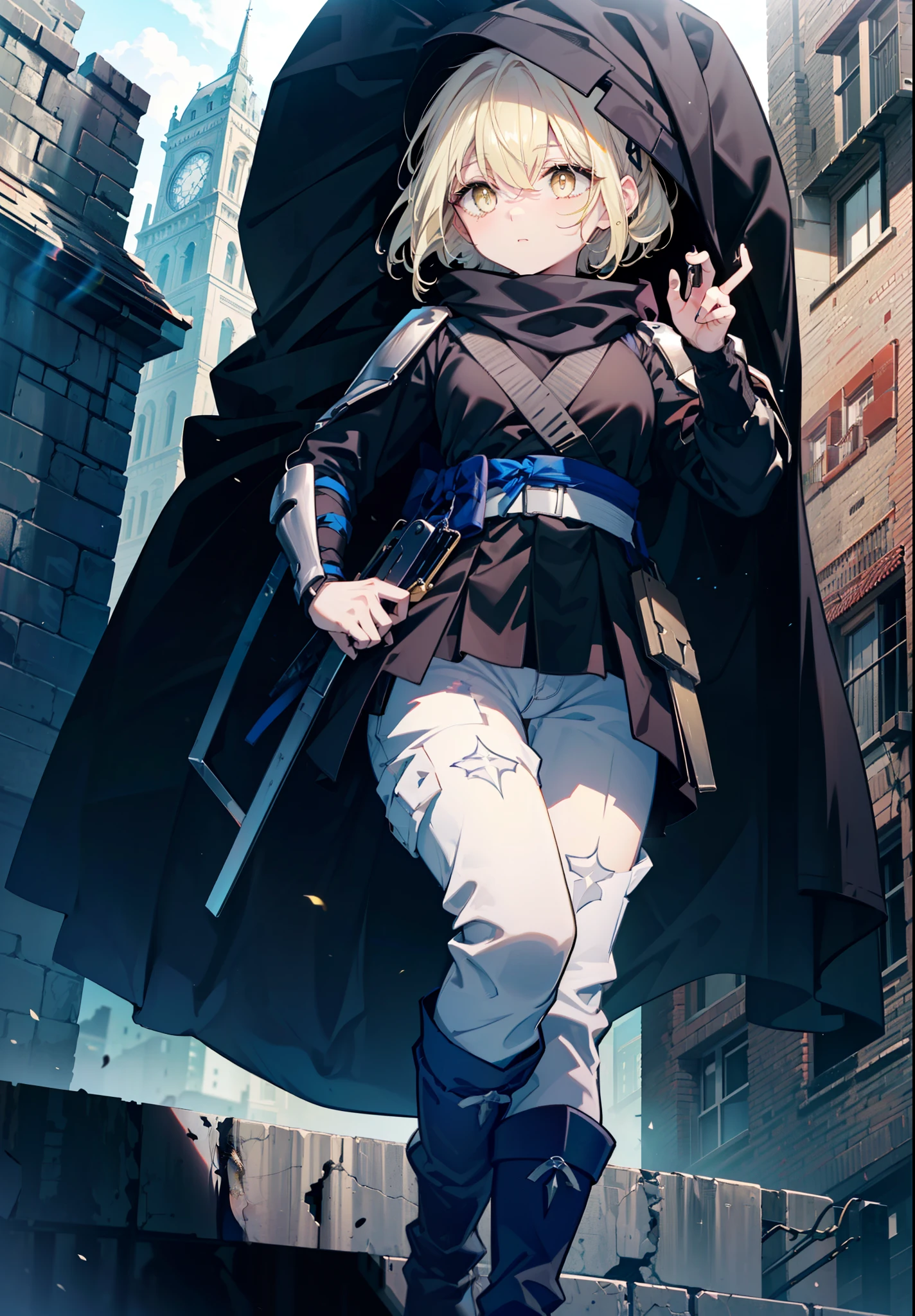 ice wallenstein, Behind Wallenstein, blonde hair, hair between eyes, hair band, long hair, (yellow eyes:1.5), hood up,Severe,black ninja uniform,ninja,black shinobi pants,boots,action pose,Medieval European-style building,Looking down from the rooftop,break (masterpiece:1.2), highest quality, High resolution, unity 8k wallpaper, (shape:0.8), (beautiful and detailed eyes:1.6), highly detailed face, highly detailed fingers,perfect lighting, Very detailed CG, (perfect hands, perfect anatomy),