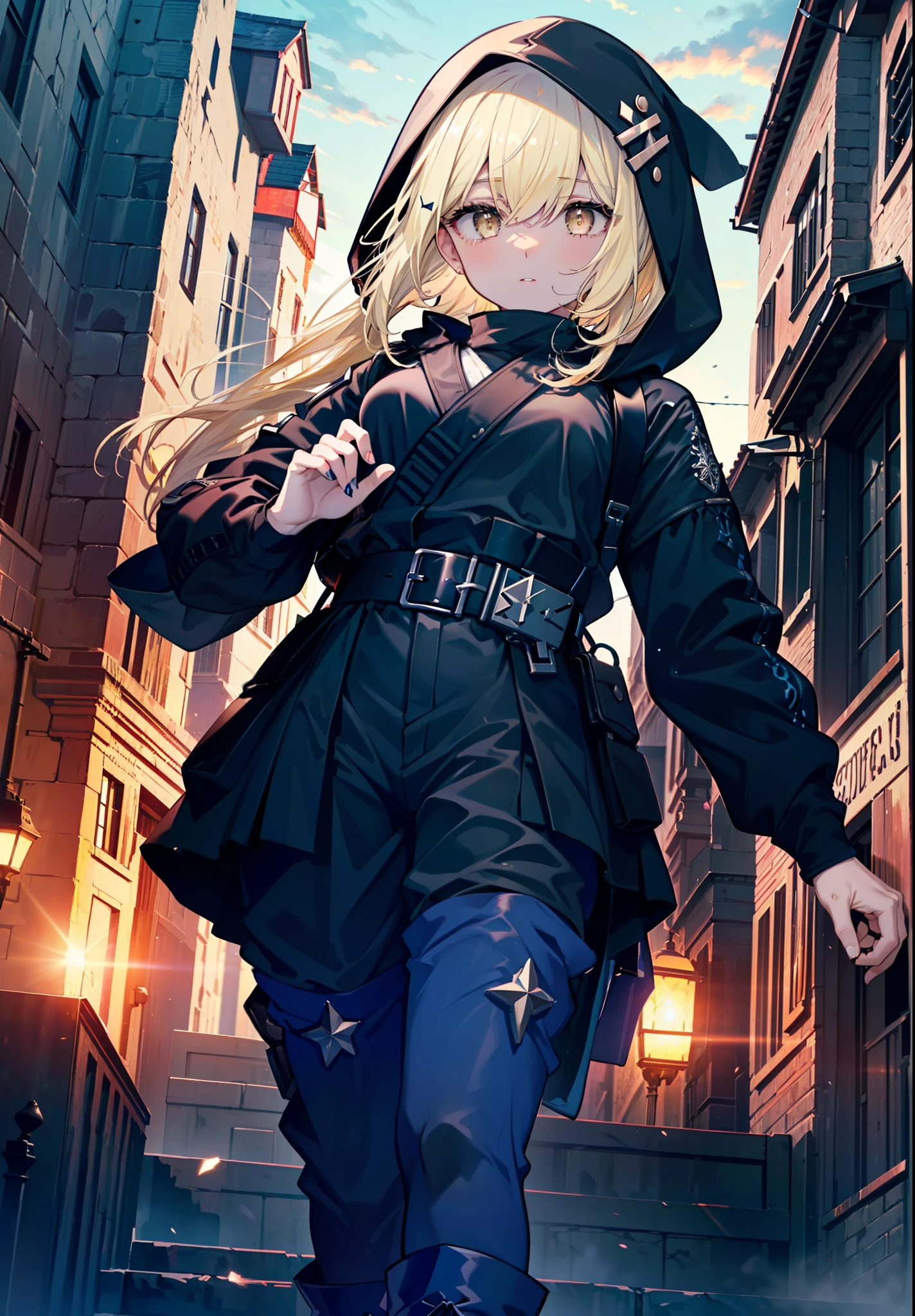 ice wallenstein, Behind Wallenstein, blonde hair, hair between eyes, hair band, long hair, (yellow eyes:1.5), hood up,Severe,black ninja uniform,ninja,black shinobi pants,boots,action pose,Medieval European-style building,Looking down from the rooftop,break (masterpiece:1.2), highest quality, High resolution, unity 8k wallpaper, (shape:0.8), (beautiful and detailed eyes:1.6), highly detailed face, highly detailed fingers,perfect lighting, Very detailed CG, (perfect hands, perfect anatomy),