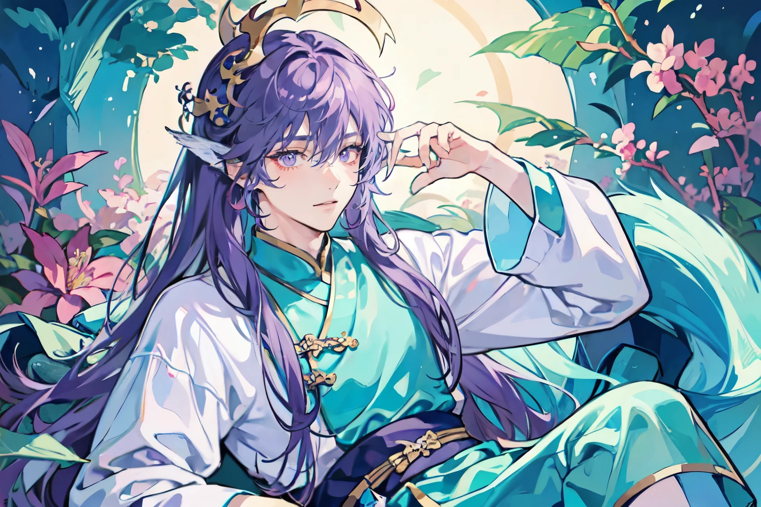A male Chinese merman is depicted in anime style, with beautiful small aqua ear fin, purple eyes, purple long hair, head looking downward, shy expression, Upper face view