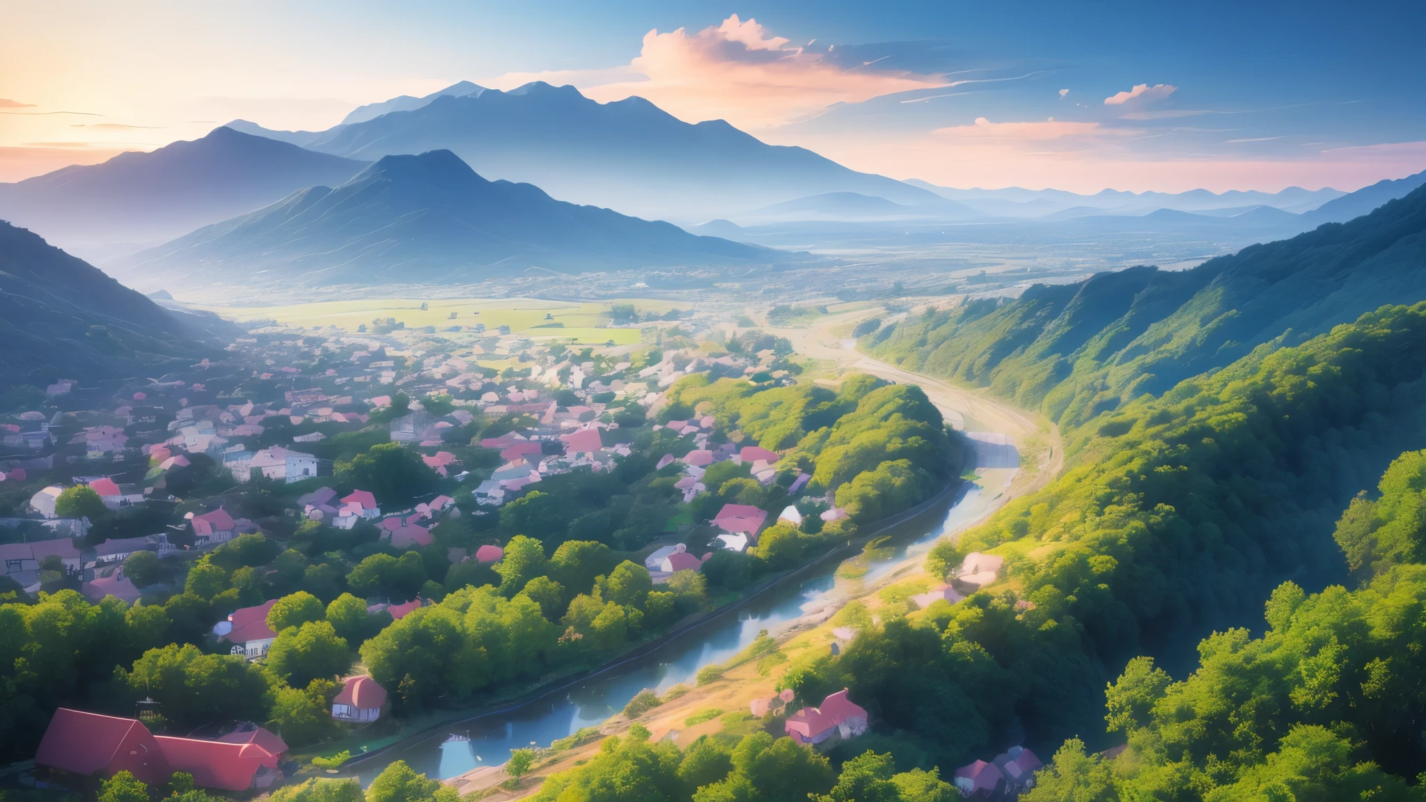 Cun，Large，Quiet，Modern Chinese，Lots of houses，Surrounded by mountains，Cun左边有一条江河，There are several bridges across the river，After the river there are plain fields，There is a forest on the right，View from the mountain，early spring，sunset，Fantasy，mystery，dream，Hayao Miyazaki