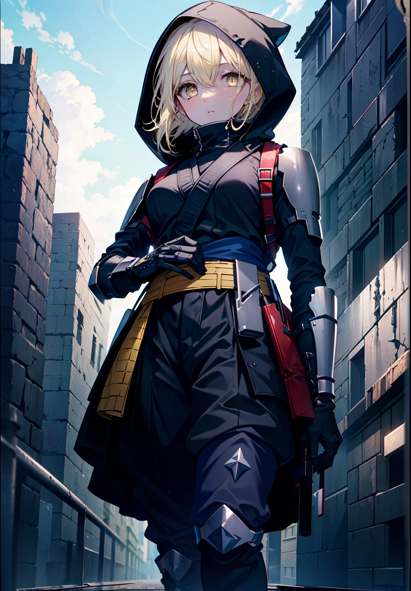 ice wallenstein, Behind Wallenstein, blonde hair, hair between eyes, hair band, long hair, (yellow eyes:1.5), hood up,Severe,black ninja uniform,ninja,black shinobi pants,boots,action pose,Medieval European-style building,Looking down from the rooftop,break (masterpiece:1.2), highest quality, High resolution, unity 8k wallpaper, (shape:0.8), (beautiful and detailed eyes:1.6), highly detailed face, highly detailed fingers,perfect lighting, Very detailed CG, (perfect hands, perfect anatomy),