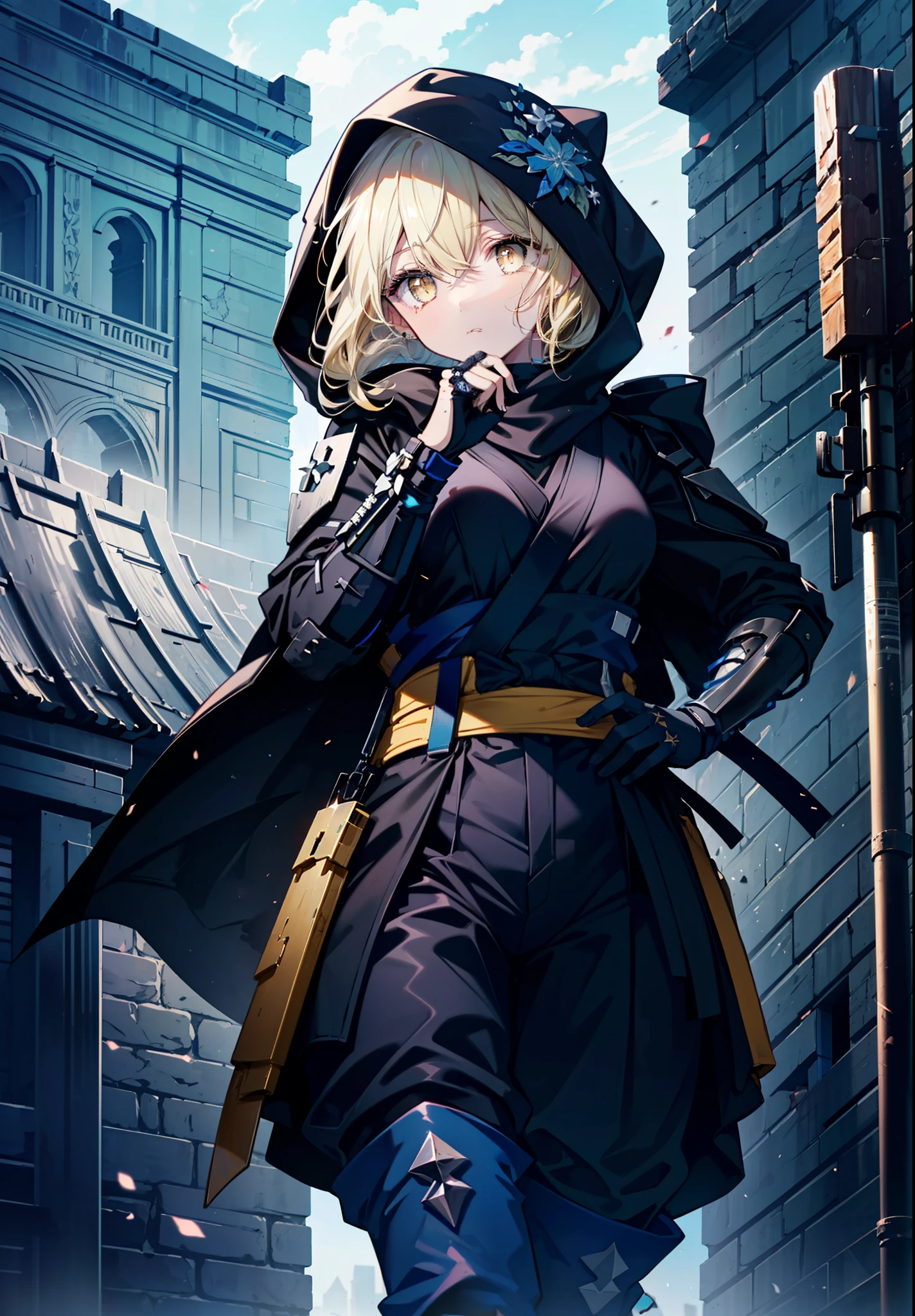 ice wallenstein, Behind Wallenstein, blonde hair, hair between eyes, hair band, long hair, (yellow eyes:1.5), hood up,Severe,black ninja uniform,ninja,black shinobi pants,boots,action pose,Medieval European-style building,Looking down from the rooftop,break (masterpiece:1.2), highest quality, High resolution, unity 8k wallpaper, (shape:0.8), (beautiful and detailed eyes:1.6), highly detailed face, highly detailed fingers,perfect lighting, Very detailed CG, (perfect hands, perfect anatomy),