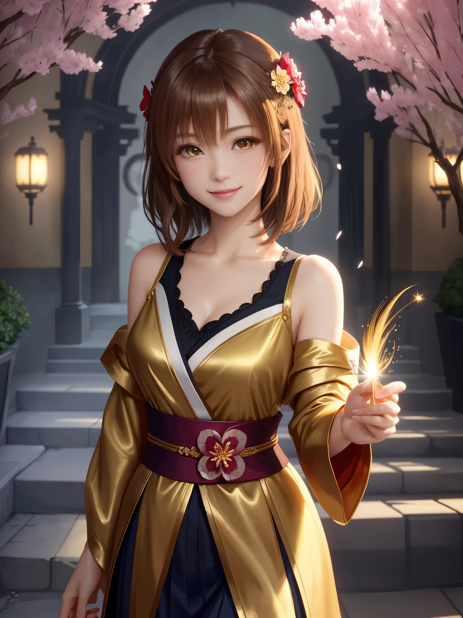 masterpiece , best quality,smile,smile,small face,shoulder exposure,golden kimono,less cleavage exposure,light brown hair,beautifully curled hair,slender body shape,brown eyes,Contrast faithfully reproduced,short hair,Beautiful short hair,Berry Short,short cut hair,just one person,precision quality,Faithfully reproduced eyes, The surroundings are shining gold,golden aura around the body,golden shining background,masterpiece,night,nightの背景,golden background,cherry blossom background,beautiful details, colorful, delicate details, delicate lips, intricate details, genuine, ultrargenuineista, 枝に座っている色とりどりの髪のFoxを持つ女の子:Mature, bright eyes, ,色とりどりのFox, raposa de nine tails, 三尾Fox, 三尾Fox, onmyoji detail art, beautiful fine art illustration, mythical creatures, Fox, beautiful digital art,shrine maiden,hold hands,exquisite digital illustration, mizutsune, Inspired by mythical wild web creatures, pixiv in digital art, shining light, high contrast, Mysterious,