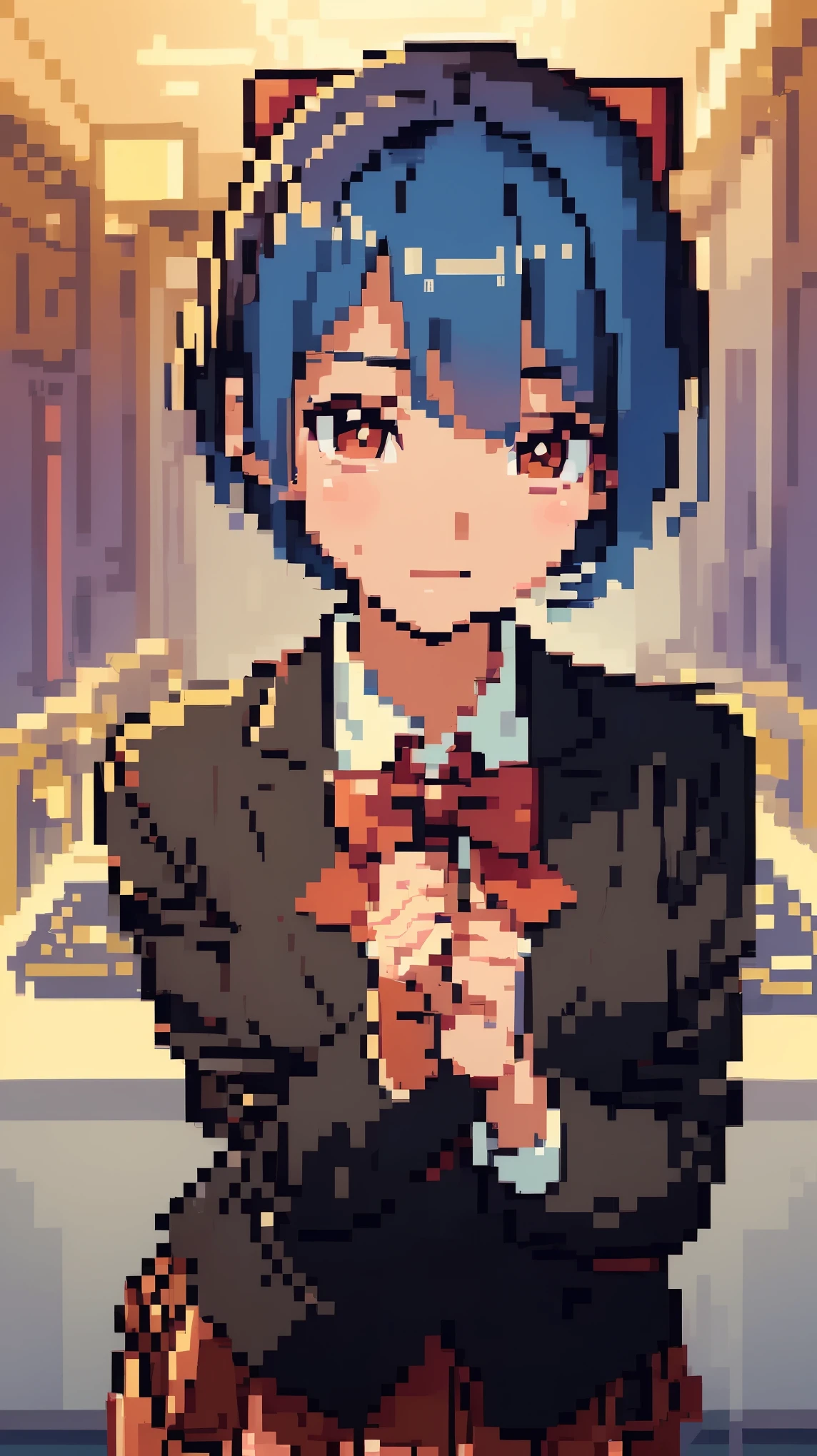 concept:A pixel art piece of a beautiful woman.。 quality:(最高quality, 4k, High resolution, masterpiece:1.2), Super detailed, (real, photorealistic:1.37), illumination:cinematic light, Bright colors and mesmerizing effects, 柔らかく繊細なillumination, gentle shine, Lens flare, Beautiful and gentle atmosphere throughout the scene, Subject information:alone, ((young woman)), (round eyes), (small face), (high detail skin:1.2), long eyelashes, glossy lips, (blue hair, short hair, brown eyes), (slim body shape), Highly detailed face and skin texture, (happy expression), ((facing the front:1.2)), (upper glance:1.5, photo shootのためポーズをとる, sexy pose), (((red bow tie, high school uniform:1.2, black jacket, open jacket, white shirt, red plaid skirt, seductive thighs))), Other details:white background:1.5, standing pose:1.2, beautiful skin, shiny skin, perfect fingers, five fingers, anatomically correct, background bokeh, 500㎜, f/4, photo shoot,