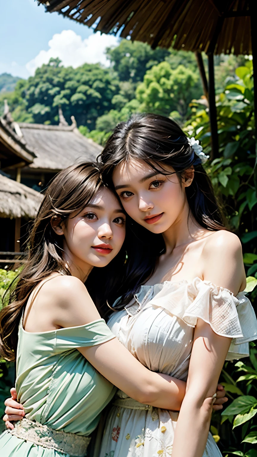 2 girl, ideal round tits, tits out, off shoulder Balinese kebaya, cuddling her girlfriend, trees grass house background, closeup