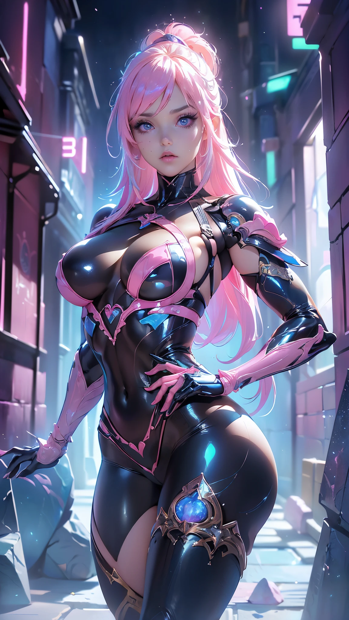 the highest quality))、((obra maestra)、ciberpunk、nalgas grandes、arrodillarse、Electronic visor attached to the face of a -yeld giwith emphasis on the buttocks、Red latex body..,modo ciberpunk、pose sexy、(Usar polainas amarillas en la parte inferior del cuerpo、Agrandamiento de los senos、Neon lights in the dark city at night..,motor irreal:1.4,hd,La mejor calidad:1.4, fotorrealista:1.4, textura de la piel:1.4, obra maestra:1.8,obra maestra, mejor calidad,(Beautiful and detailed description of the eye..),( neon blue cyborg),(perfect anatomy),(dedos detailed :1.4 ),white cyborg latex bodysuit,,( perfect anatomy 2.1), (estilo ciborg kawaii pink:1.4), (background alley walls big stones :1.4), (Solo)