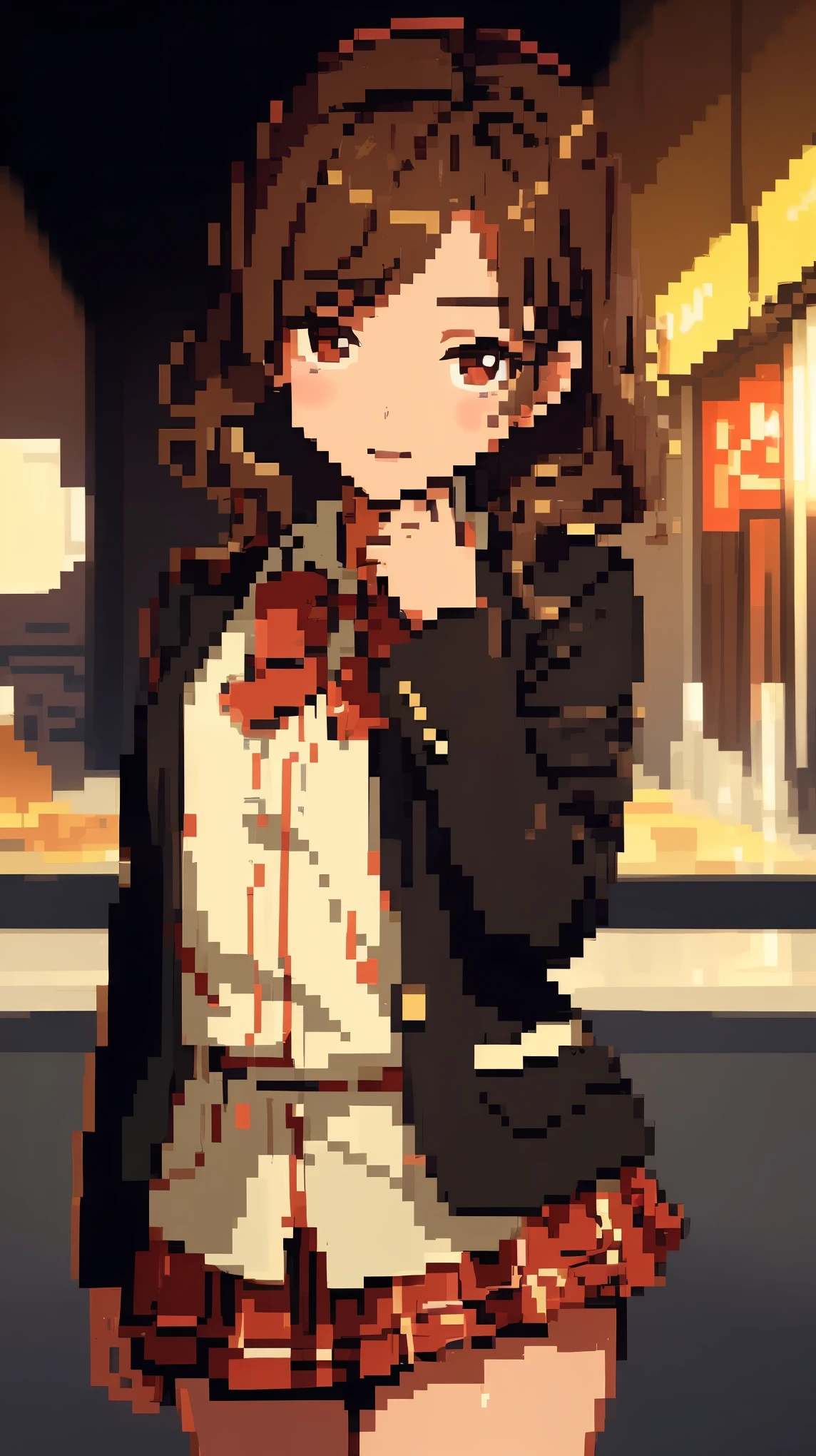 concept:A pixel art piece of a beautiful woman.。 quality:(最高quality, 4k, High resolution, masterpiece:1.2), Super detailed, (real, photorealistic:1.37), illumination:cinematic light, Bright colors and mesmerizing effects, 柔らかく繊細なillumination, gentle shine, Lens flare, Beautiful and gentle atmosphere throughout the scene, Subject information:alone, ((young woman)), (round eyes), (small face), (high detail skin:1.2), long eyelashes, glossy lips, (brown hair, wavy short hair, brown eyes), (slim body shape), Highly detailed face and skin texture, (happy expression), ((facing the front:1.2)), (upper glance:1.5, photo shootのためポーズをとる, sexy pose), (((red bow tie, high school uniform:1.2, black jacket, open jacket, white shirt, red plaid skirt, seductive thighs))), Other details:white background:1.5, standing pose:1.2, beautiful skin, shiny skin, perfect fingers, five fingers, anatomically correct, background bokeh, 500㎜, f/4, photo shoot,