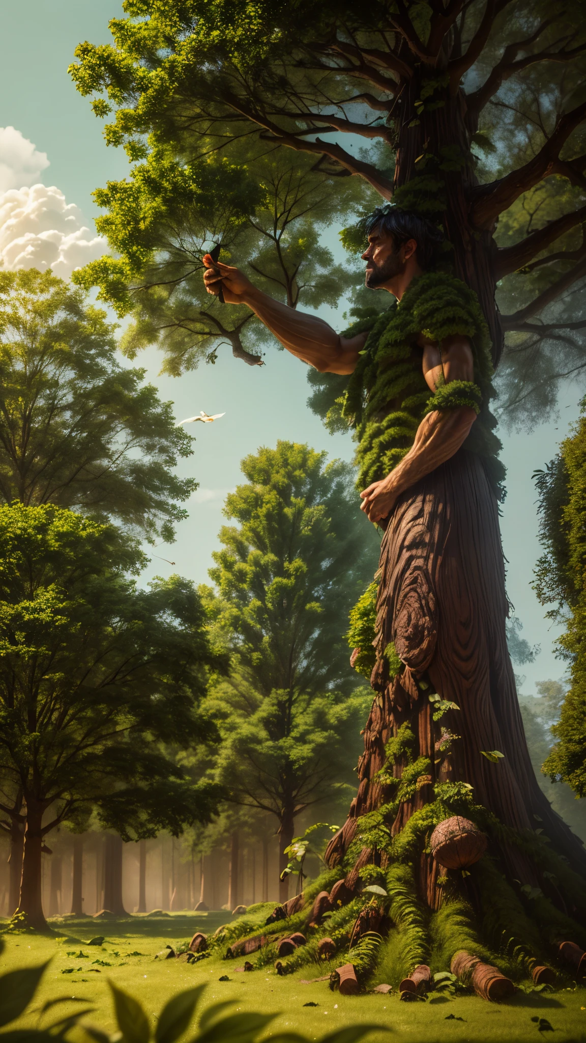 (good structure),high dynamic range,ultra high definition,8k,Wooden giant,Giant Clan, branch, dark skin, falling leaves, feathers, forest, grass, jewelry,Sitting posture, leaf, leaves in wind, male focus, muscular, nature, necklace, petals, plant, solo, tree,beard