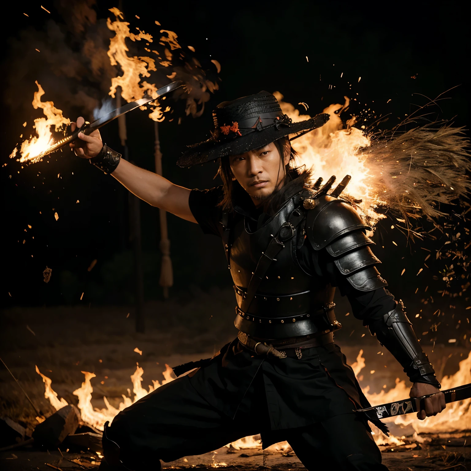 Samurai with a sword made of fire and all black armor and straw hat delivering a deadly blow to his enemy in a very beautiful anime-style epic scene