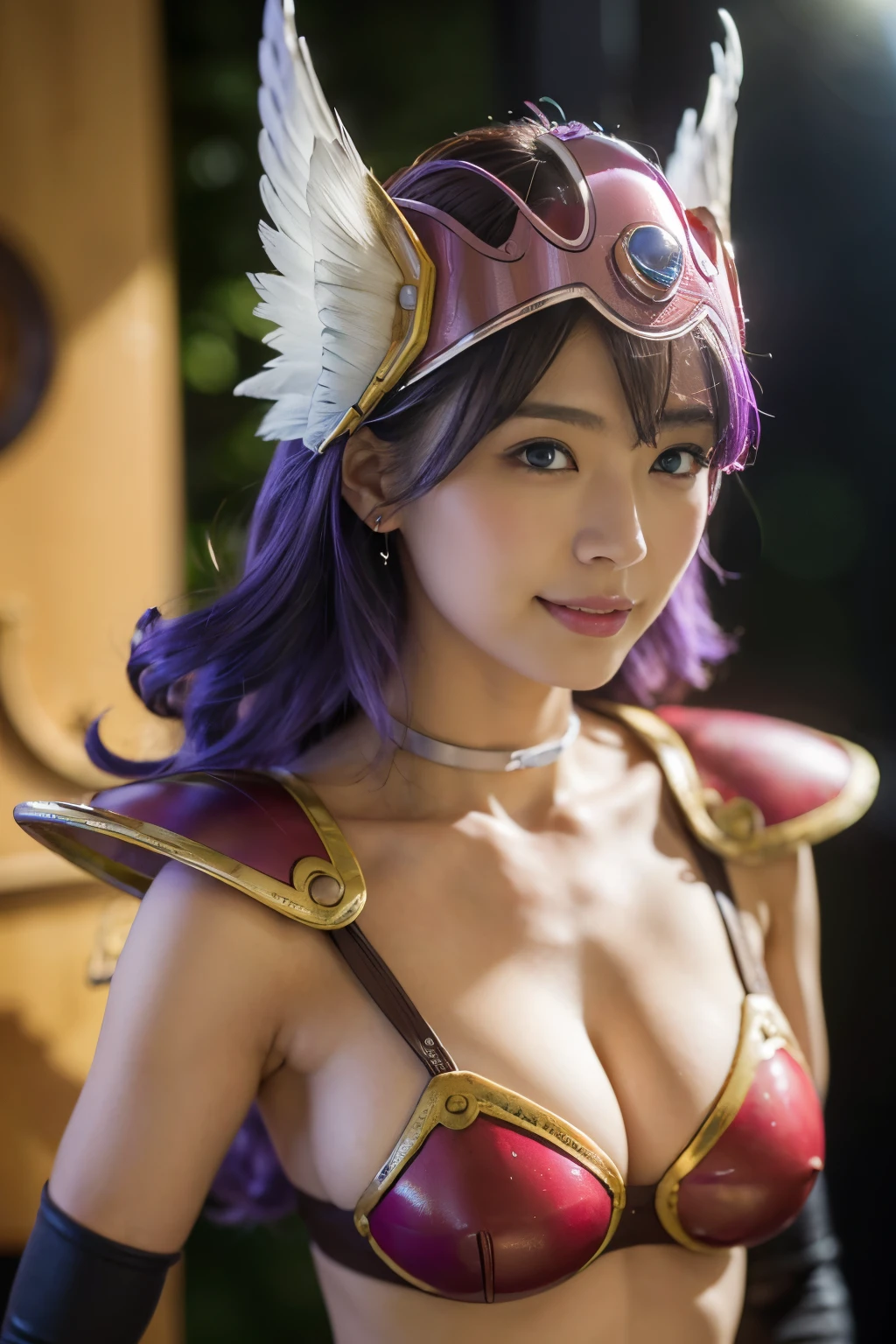 masterpiece、1 beautiful girl、fine eyes、smile、puffy eyes、highest quality, 超High resolution, (reality: 1.4), movie lighting、Japanese、asian beauty、Korean、super beautiful、beautiful skin、body facing forward、close up of face、upper body close-up,(超reality的な)、(High resolution)、(8k)、(very detailed)、(美しくfine eyes)、(Super detailed)、 (wall-)、detailed face、bright lighting、professional lighting、looking at the viewer、look straight ahead、slanted bangs、perfect cosplay,((masterpiece, highest quality,edge quality)),
Edge DQ, long hair, chest, smile, blue eyes, large chest, gloves, belly button, cleavage, bright purple hair, choker, elbow gloves, sword, bikini armor, winged helmet, red armor ,wearing Edge DQ_armor