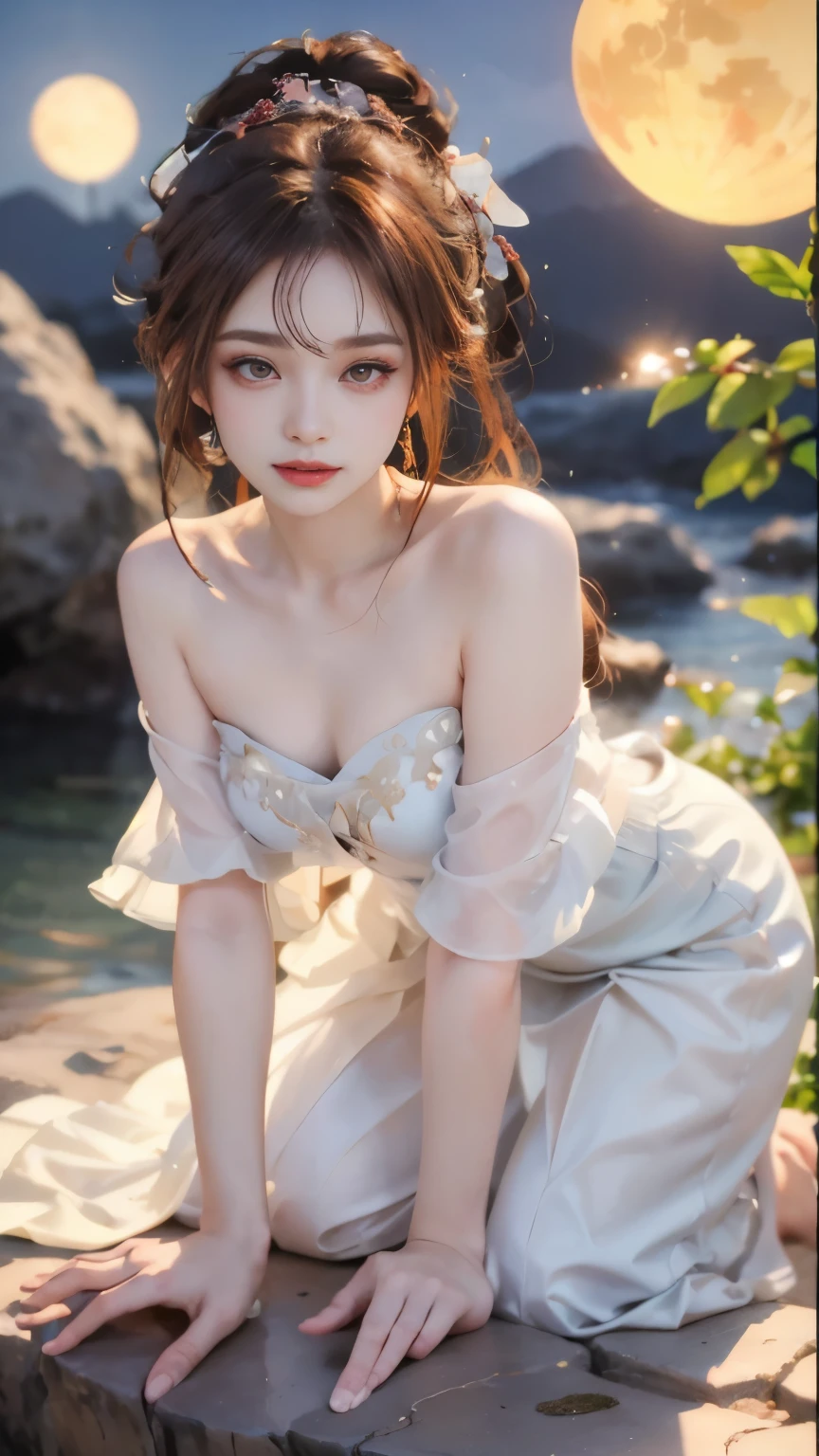 （Modify hair only、Face）Light blue transparent dress，Reddish-brown hair，curls，ponytail，Nice bun，Perfect hairstyle，red headdress，red eyes，red eye，red pupils，Delicate and detailed eyes，sparkling eyes，huge ，Open your mouth，Smile