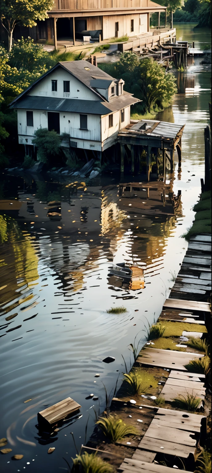 A house, once proudly standing on the riverbank, now teeters on the edge, its foundation giving way to the relentless current. The water creeps up the once sturdy walls, curling around the wooden posts and seeping through every crack and crevice. The once vibrant colors of the house are now muted, as the water threatens to swallow it whole. Neighbors gathered on the shore, their faces a mixture of shock and sadness, as they watch their beloved home dissolve into the river. The sun sets in the background, casting an ethereal glow over the scene, as the house continues to sink, leaving behind a haunting reminder of the power of nature.