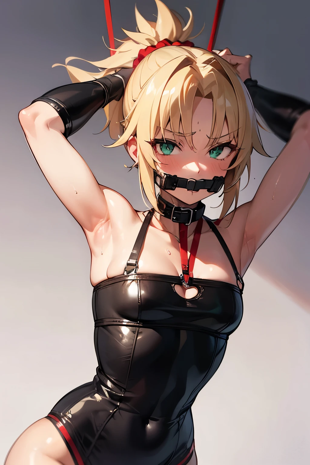 {mordred_fgo:1.15}, green eyes, ponytail, red_scrunchie, sexy, small_tits, blonde, muscular_body, nsfw, gagged, gag, handcuffs, bdsm, ropes, collar, sweating, blushed_expresion