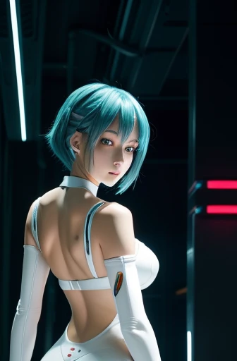 nsfw,(highest quality:1.2),1 girl,alone,Are standing_Split,AYANAMI REI,naked、short hair,blue hair,bangs,interface headset,hair between eyes,pixelated background,neon light,SF color scheme,Bright colors,metallic texture,detailed shading,Holographic interface,dark atmosphere,high contrast,sharp focus,twig of hair,Reflective surface,exquisite details,High resolution,studio lighting,Red accents,Illuminated environment,artificial intelligence assistant