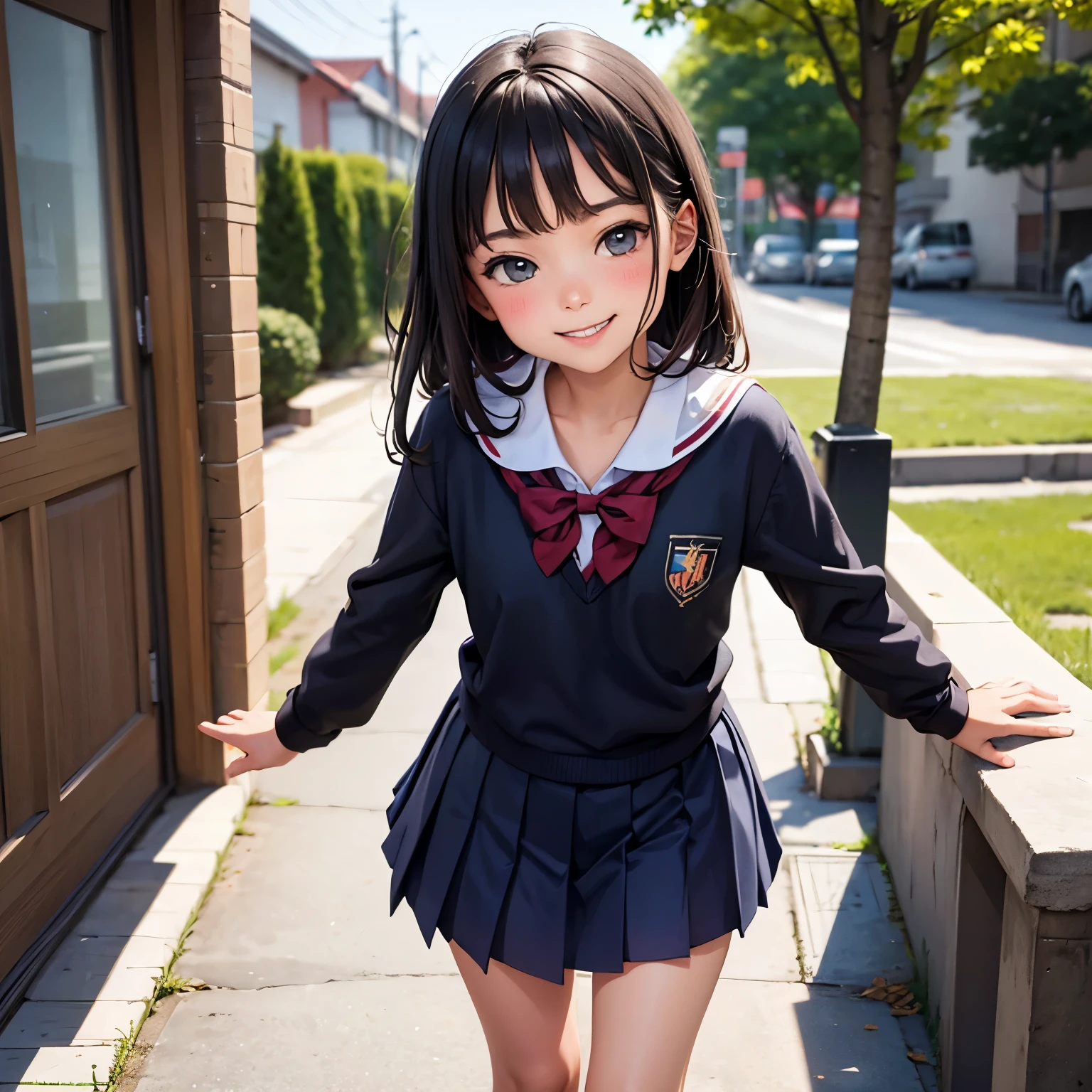 A cute girl in a school uniform,Around 3 years