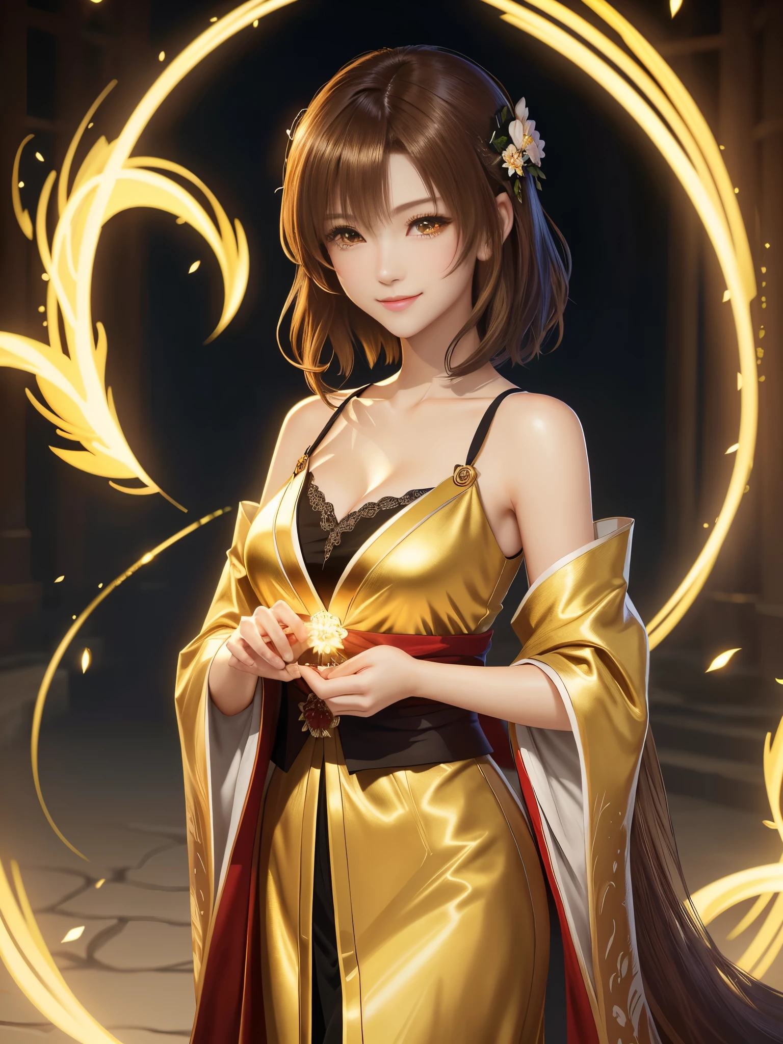 masterpiece , best quality,smile,smile,small face,shoulder exposure,golden kimono,less cleavage exposure,light brown hair,beautifully curled hair,slender body shape,brown eyes,Contrast faithfully reproduced,short hair,Beautiful short hair,Berry Short,short cut hair,just one person,precision quality,Faithfully reproduced eyes, The surroundings are shining gold,golden aura around the body,golden shining background,masterpiece,night,nightの背景,golden background,cherry blossom background,beautiful details, colorful, delicate details, delicate lips, intricate details, genuine, ultrargenuineista, 枝に座っている色とりどりの髪のFoxを持つ女の子:Mature, bright eyes, ,色とりどりのFox, raposa de nine tails, 三尾Fox, 三尾Fox, onmyoji detail art, beautiful fine art illustration, mythical creatures, Fox, beautiful digital art,shrine maiden,hold hands,exquisite digital illustration, mizutsune, Inspired by mythical wild web creatures, pixiv in digital art, shining light, high contrast, Mysterious,