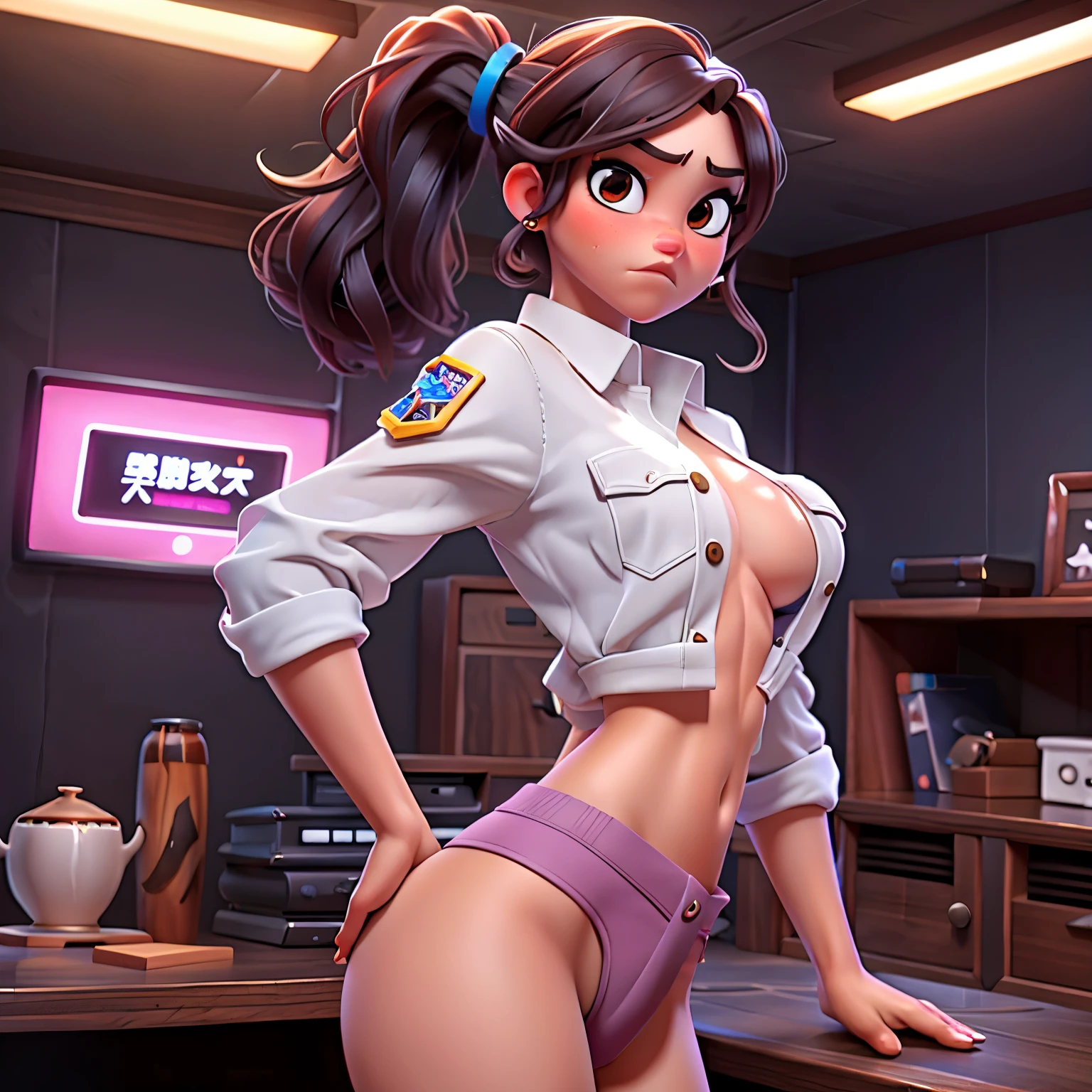 Sexy girl with her back to camera, almond eyes, thick eyebrows, flushed cheeks, provocative pose, 80's, emissive, sharp focus, 8k, high quality, high details, highres