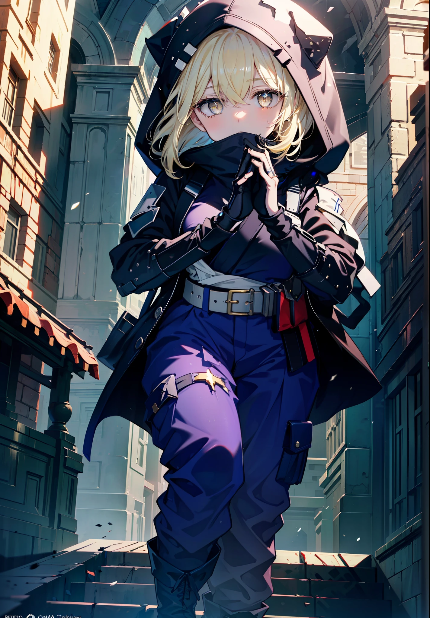 ice wallenstein, Behind Wallenstein, blonde hair, hair between eyes, hair band, long hair, (yellow eyes:1.5), hood up,black mask,Severe,black ninja uniform,ninja,black shinobi pants,boots,action pose,Medieval European-style building,Looking down from the rooftop,break (masterpiece:1.2), highest quality, High resolution, unity 8k wallpaper, (shape:0.8), (beautiful and detailed eyes:1.6), highly detailed face, highly detailed fingers,perfect lighting, Very detailed CG, (perfect hands, perfect anatomy),