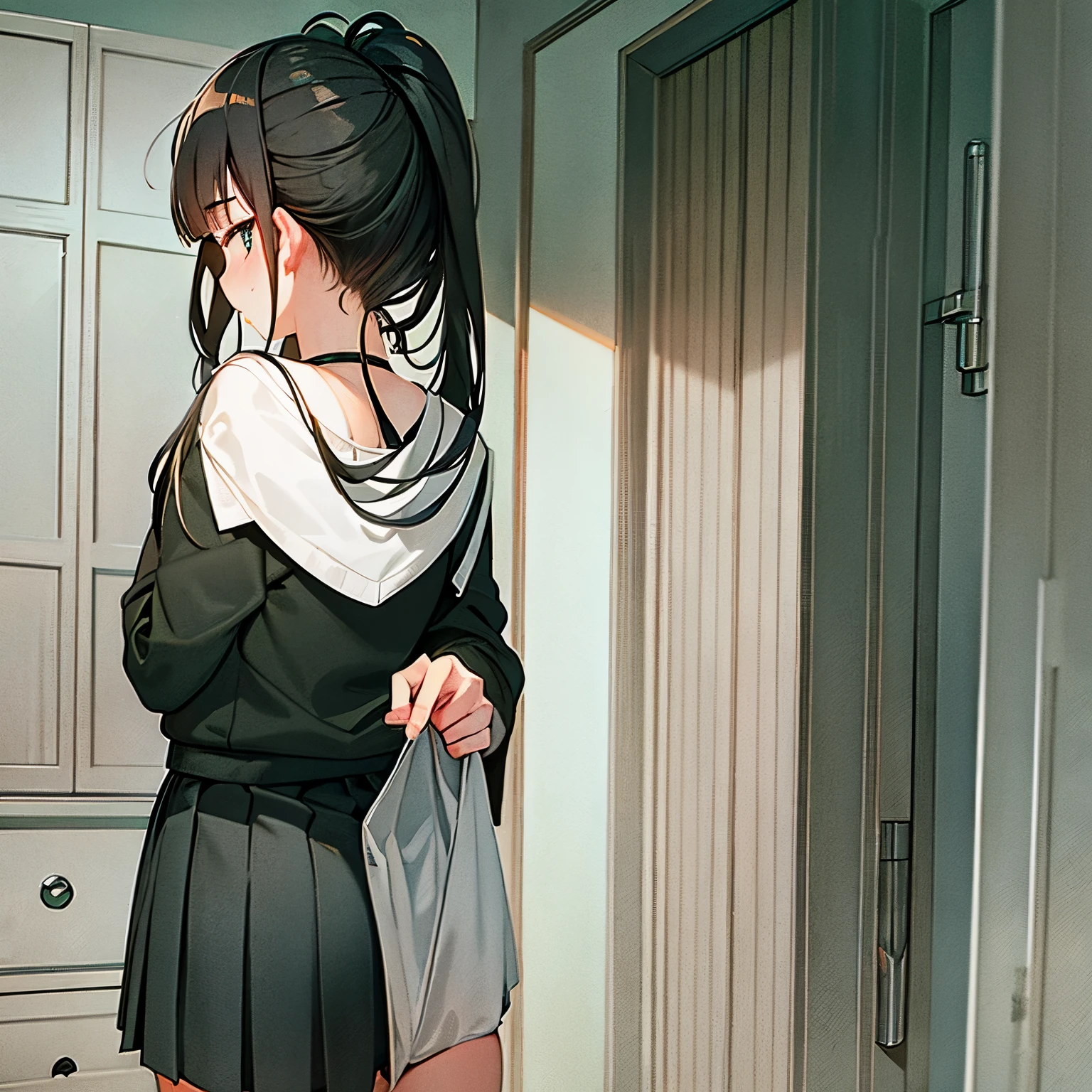 In the quiet intimacy of a secluded bathroom, a young girl is caught in an unexpected moment, her focus entirely on the task at hand. The image, a masterpiece of ultra high-resolution illustration, captures every intricate detail with unparalleled clarity and precision. The girl's school uniform, a plaid skirt and blazer, lies discarded on the floor, a testament to her carefree spirit. her hair, tied in a high ponytail, cascades down her back, one piece covering her eye. A blush of embarrassment steals across her cheeks as she strains to accomplish her duty in the confined space of a western-style water closet. The por