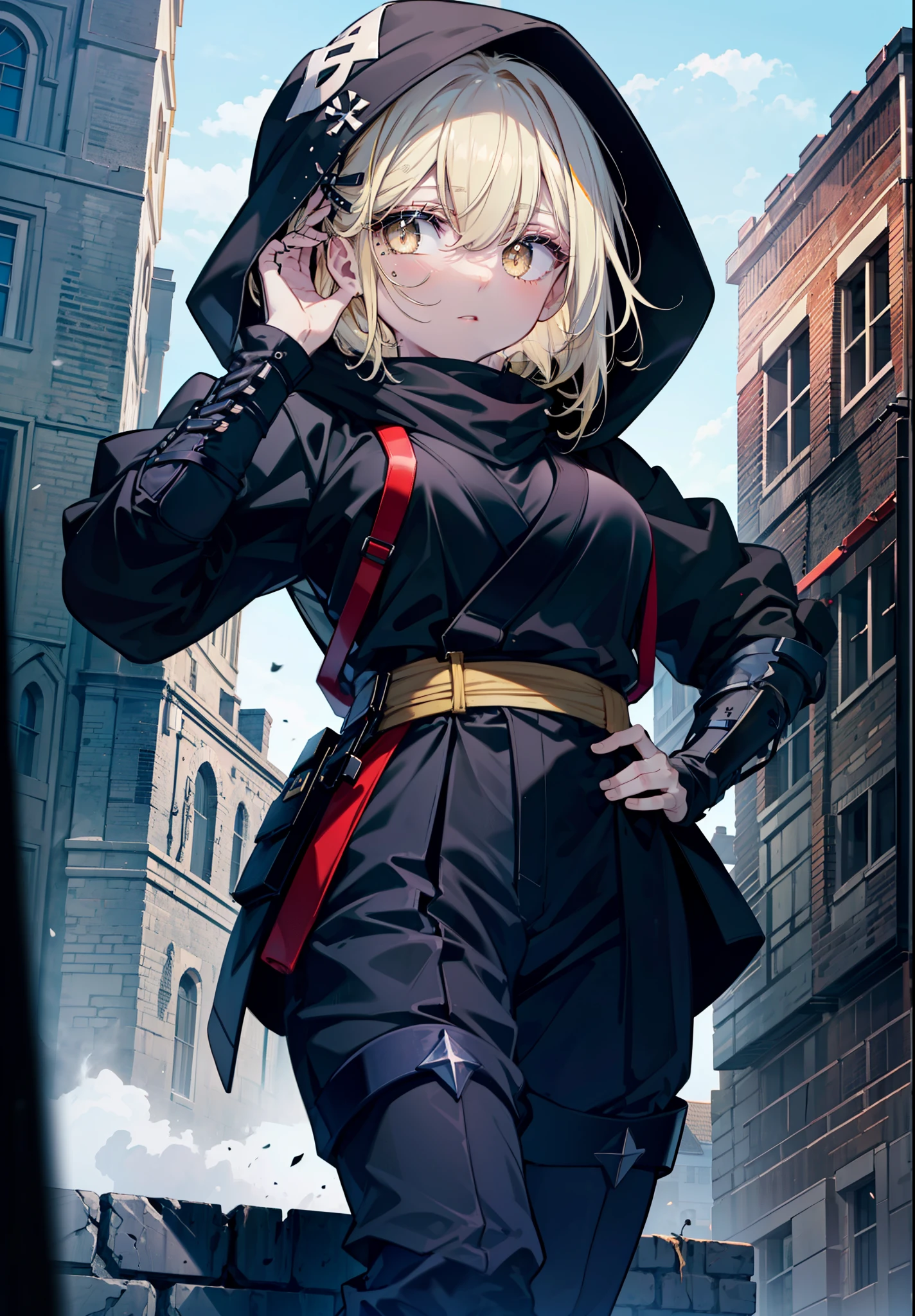 ice wallenstein, Behind Wallenstein, blonde hair, hair between eyes, hair band, long hair, (yellow eyes:1.5), hood up,black mask,Severe,black ninja uniform,ninja,black shinobi pants,boots,action pose,Medieval European-style building,Looking down from the rooftop,break (masterpiece:1.2), highest quality, High resolution, unity 8k wallpaper, (shape:0.8), (beautiful and detailed eyes:1.6), highly detailed face, highly detailed fingers,perfect lighting, Very detailed CG, (perfect hands, perfect anatomy),