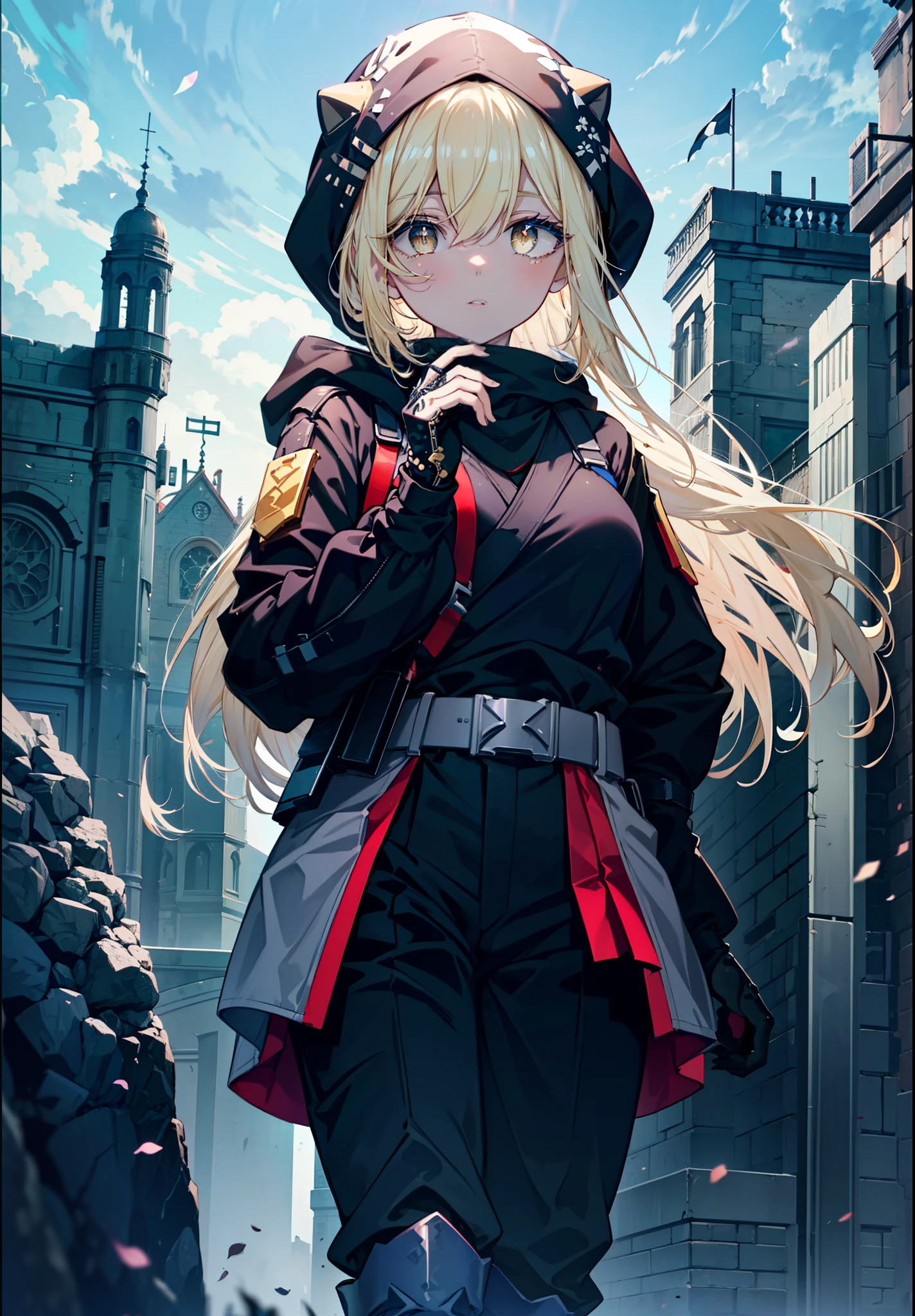 ice wallenstein, Behind Wallenstein, blonde hair, hair between eyes, hair band, long hair, (yellow eyes:1.5), hood up,black mask,Severe,black ninja uniform,ninja,black shinobi pants,boots,action pose,Medieval European-style building,Looking down from the rooftop,break (masterpiece:1.2), highest quality, High resolution, unity 8k wallpaper, (shape:0.8), (beautiful and detailed eyes:1.6), highly detailed face, highly detailed fingers,perfect lighting, Very detailed CG, (perfect hands, perfect anatomy),