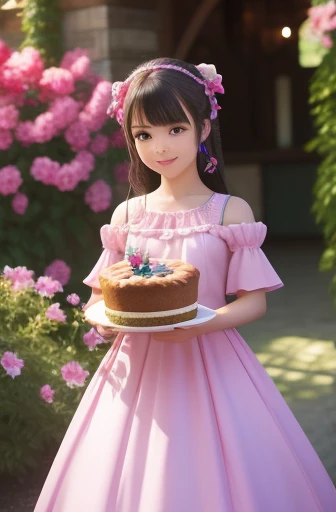 a girl with detailed eyes and lips, standing in a garden, holding a figurine of a character from the game "Virtua Fighter" and a pie. The girl's expression is happy and excited. She is wearing a colorful dress and has long, flowing hair. The garden is filled with blooming flowers and lush greenery. The scene is captured in a vibrant and realistic style, with vivid colors and sharp focus. The lighting is soft and natural, creating a warm and inviting atmosphere. The girl's hand is delicately holding the figurine, showcasing its fine details. The pie is freshly baked and has a golden crust with a delicious filling. The overall image quality is of the highest caliber, with ultra-detailed elements and a photorealistic appearance. The colors are vibrant and the composition is visually stunning. This artwork combines the worlds of gaming and delicious desserts, creating a delightful and immersive visual experience.