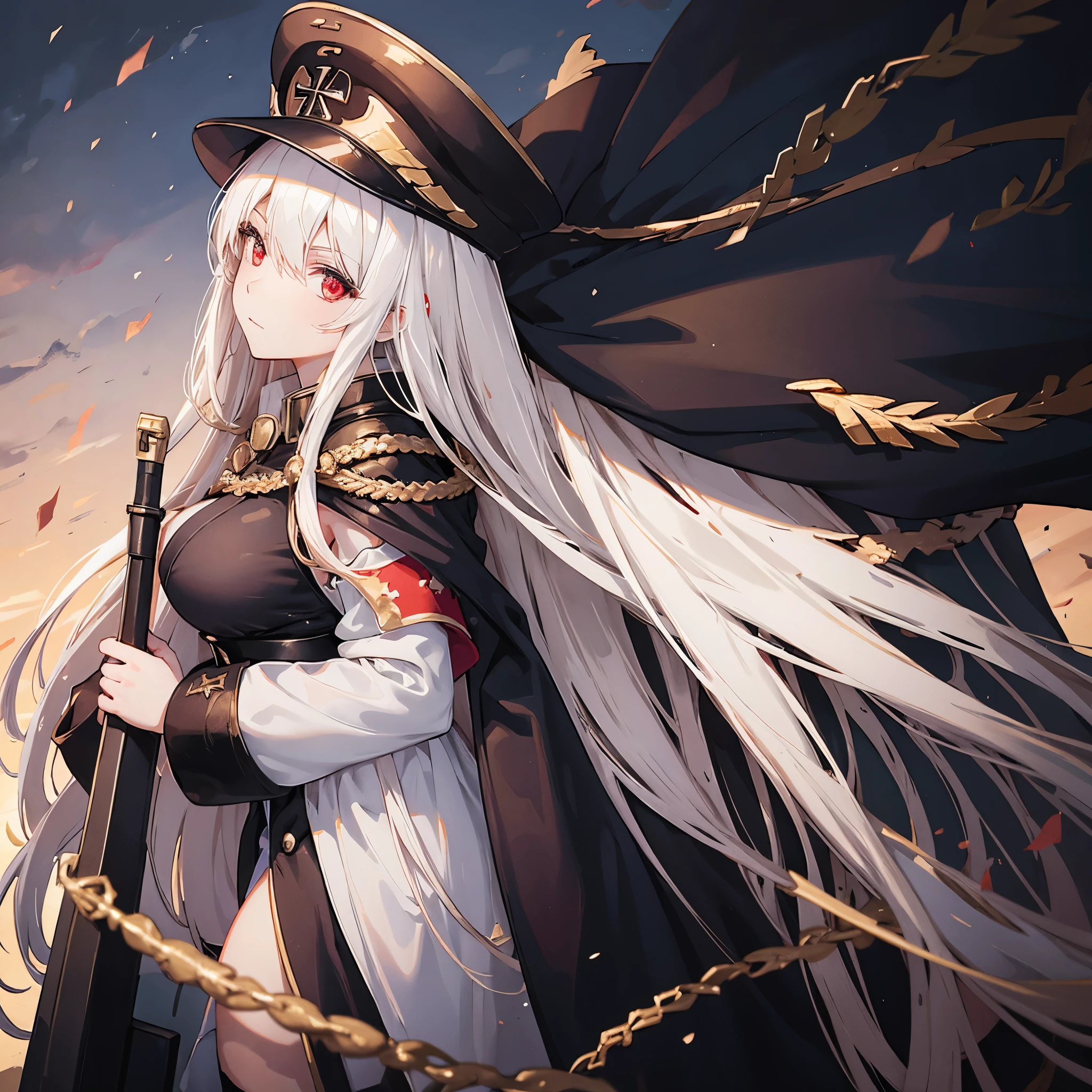 A girl wearing a black military uniform with gold details, wearing a black military hat with an iron cross, long white hair, red eyes, big breasts, cape with gold details, holding a medieval sword, a military fortress behind with a flat place.