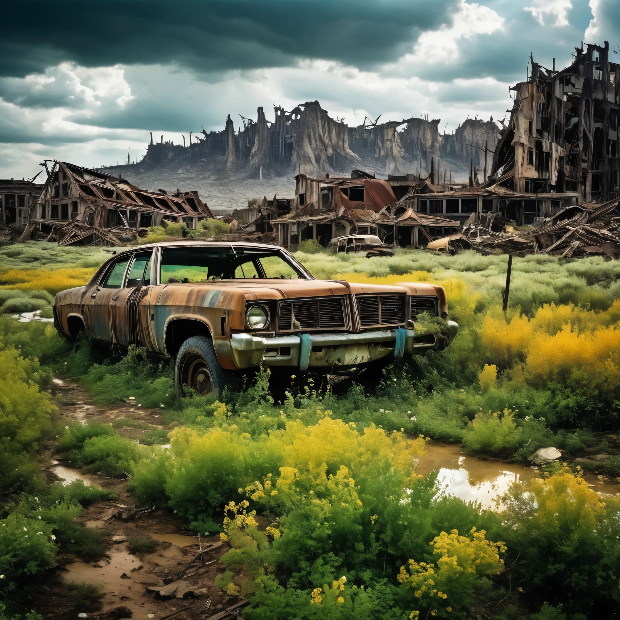 A post-apocalyptic wasteland where nature has reclaimed the land, creating a beautiful but haunting landscape.
