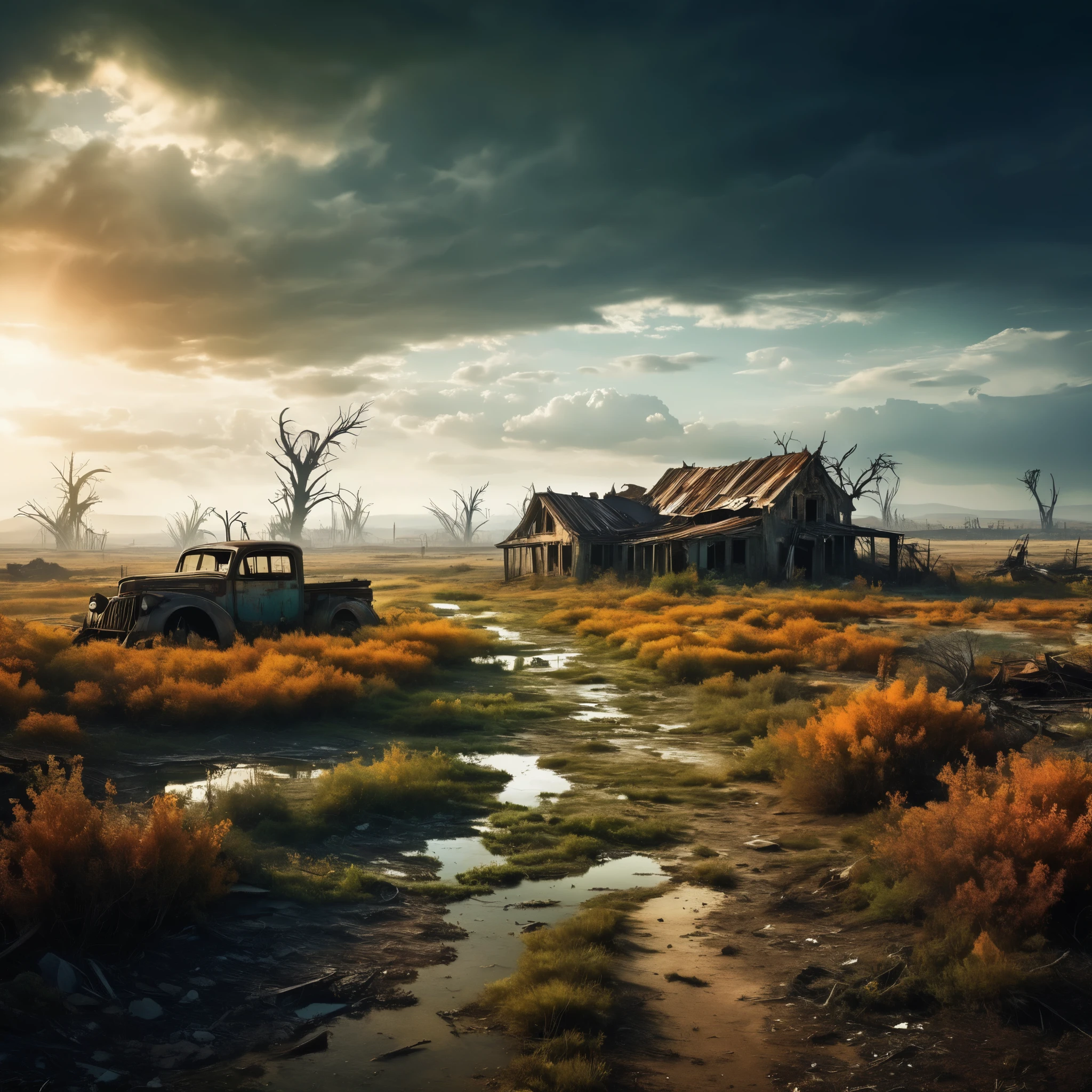A post-apocalyptic wasteland where nature has reclaimed the land, creating a beautiful but haunting landscape.
