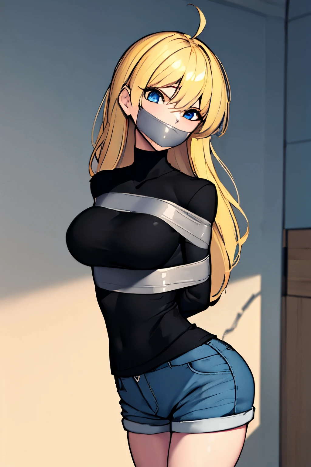 (absurdres, 8k, 4k, masterpiece, hyper extreme detailed:1.2), solo, 1girl, front view, perfect face, 1girl, portrait, expressive eyes, looking at viewer, solo, standing, Female, toned body, mature female, large breasts, pale, platinum blonde hair, long hair, dark blue eyes, swept bangs, athletic body, stoic, windy hair, moving hair, moving clothes, Shorts, black shirt, German, Military, battle worn, scars, messy hair, smile, happy, heroic, perfect anatomy, friendly, heroism, light blonde hair, blue sky, sun, clouds, muscular, half body, bound, bondage, (arms behind back:1.4), bdsm, tape gag, tape, tape bondage, restrained, best anatomy, tape wrapped, wrap gag, tightly bound, tape wrapped around face, tape above breasts, tape below breasts, standing up, tape gag, platinum blonde hair, light blonde hair, long hair, tape between breasts, taped forearms, taped elbows, taped abdomen, taped nose, taped between arms, black t-shirt, sleeveless, tanktop, sunglasses