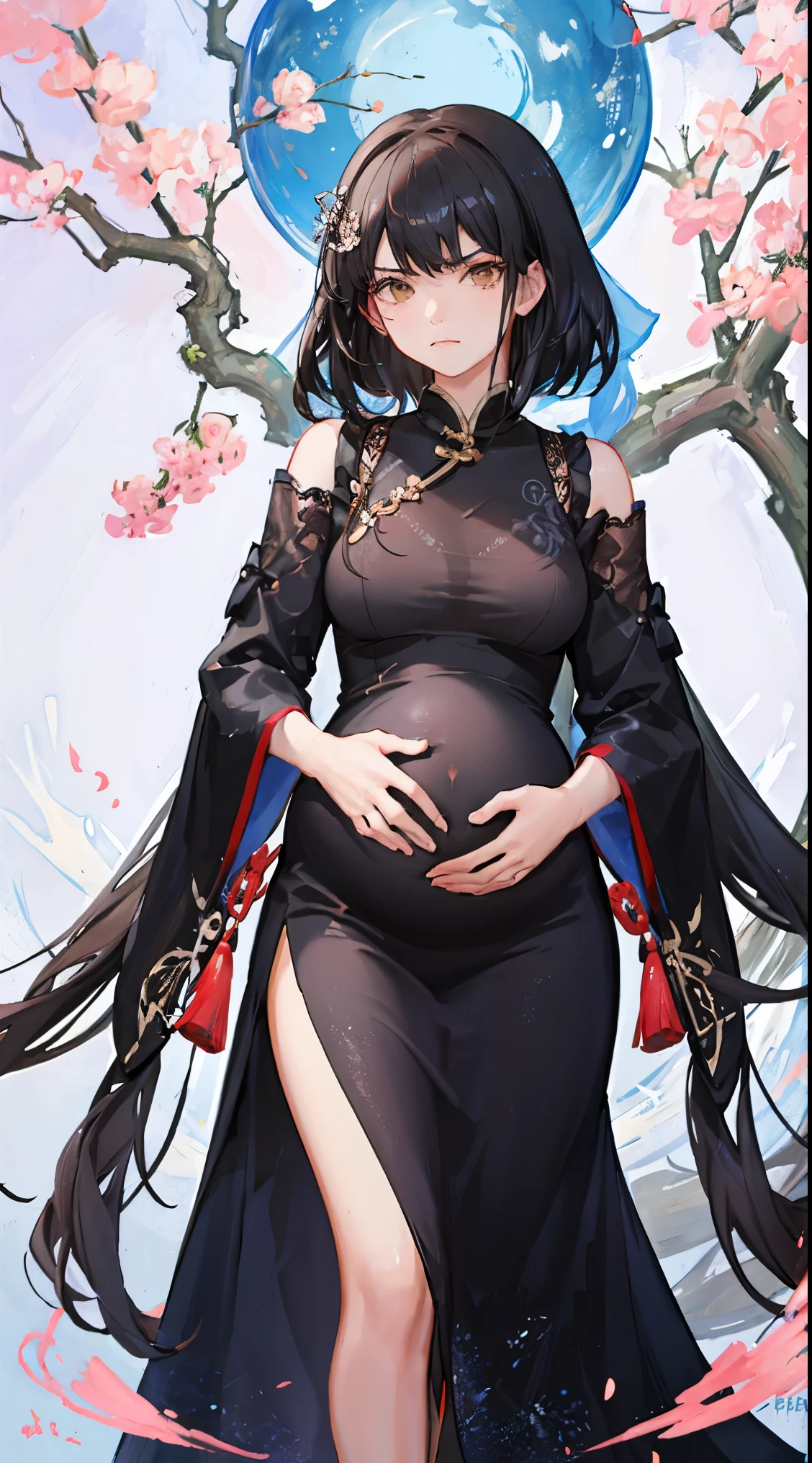 girl,whole body,(Detailed face:1.2), masterpiece, Fashion,cheongsam,, medium hair, black hair, Double tail, blunt bangs, brown eyes,pregnant belly,pregnant,Big ,angry,Hold your stomach with both hands