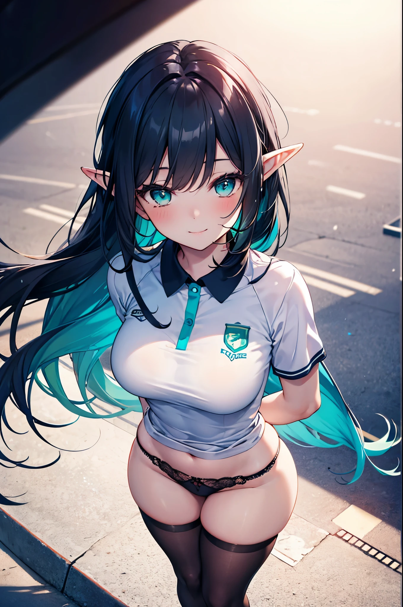 realistic image, coherent image, detailed image, 1 beautiful elf. She has long hair, turquoise black hair. Turquoise eyes, long eyelashes. Her face is oval and delicate. smiling, blushing. She is wearing a loose sports shirt, lace thong, mid-thigh stockings. She has a curvy body, medium breasts and thick thighs. view from above, view of her thighs. black background, uniform background.