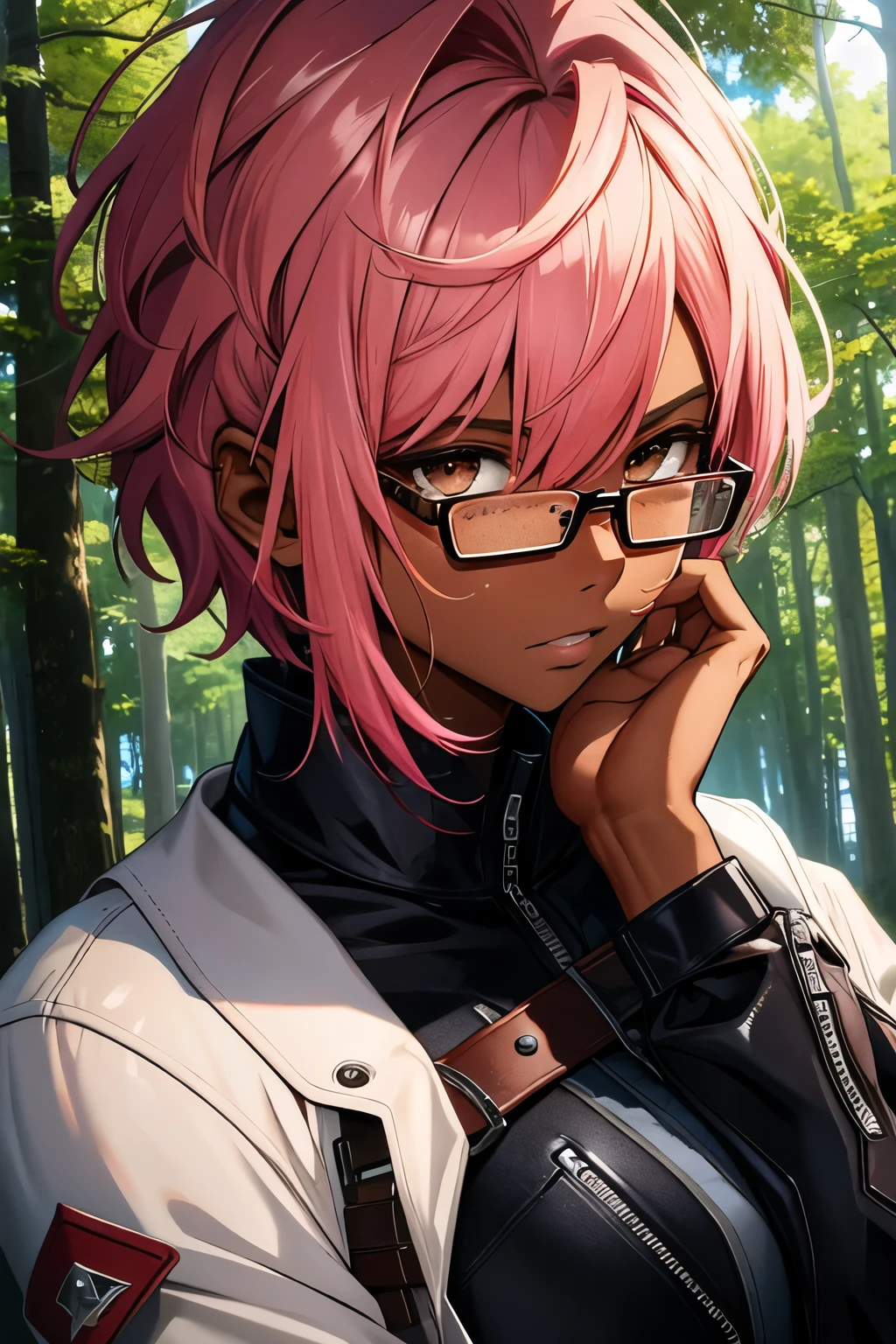 ultra-detailed, masterpiece, highest quality, 1 female, handsome, red pink hair, short-medium hair, brown eyes, dark skin, dark skin, freckles on the face, leather clothes, serious expression, upper body, portrait, forest background, glasses,