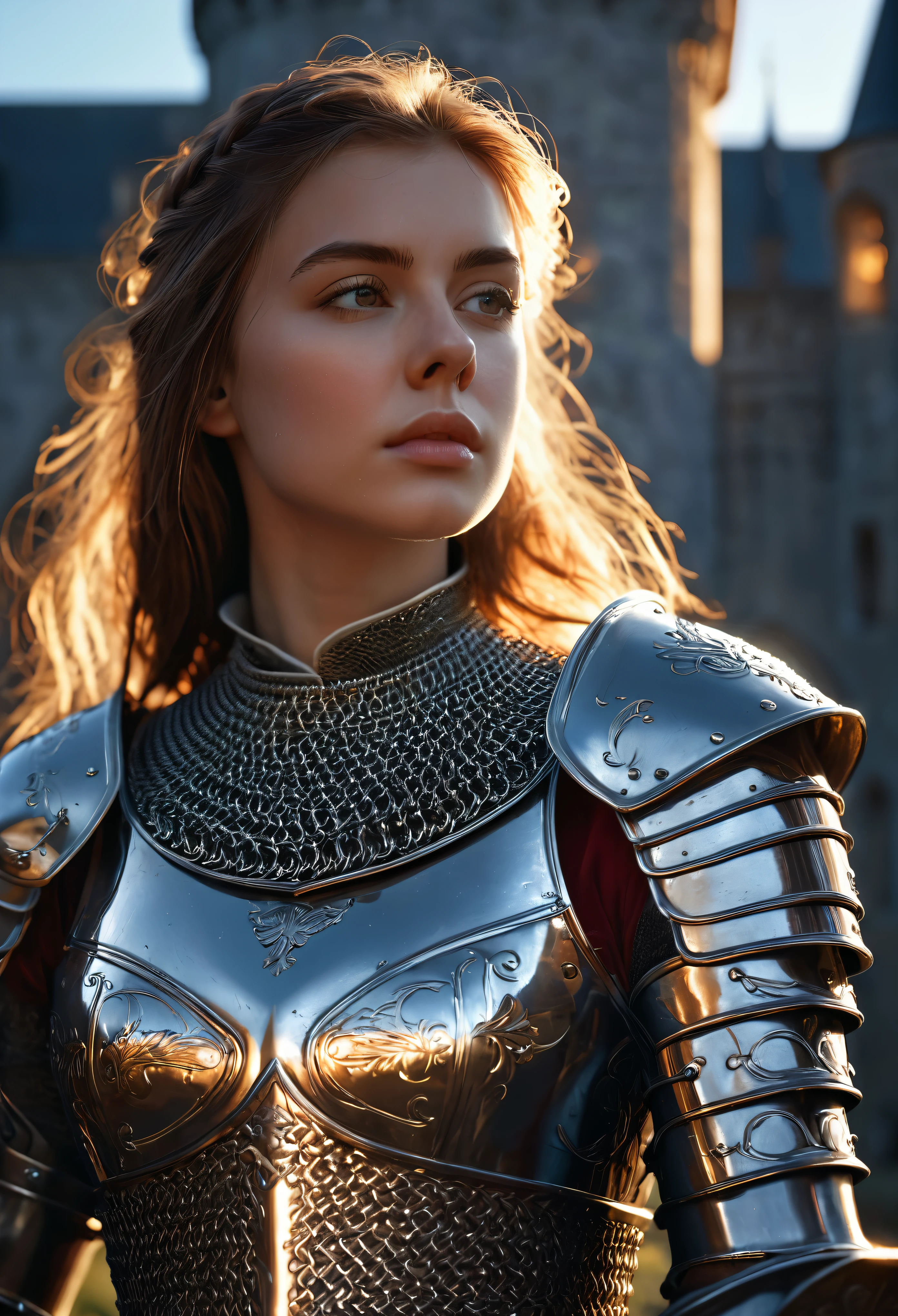(masterpiece), (extremely intricate:1.3), (realistic), portrait of a girl, the most beautiful in the world, (medieval armor), metal reflections, upper body, outdoors, intense sunlight, far away castle, professional photograph of a stunning woman detailed, sharp focus, dramatic, award winning, cinematic lighting, octane render unreal engine, volumetrics dtx, (film grain, blurry background, blurry foreground, bokeh, depth of field, sunset, motion blur:1.3), chainmail