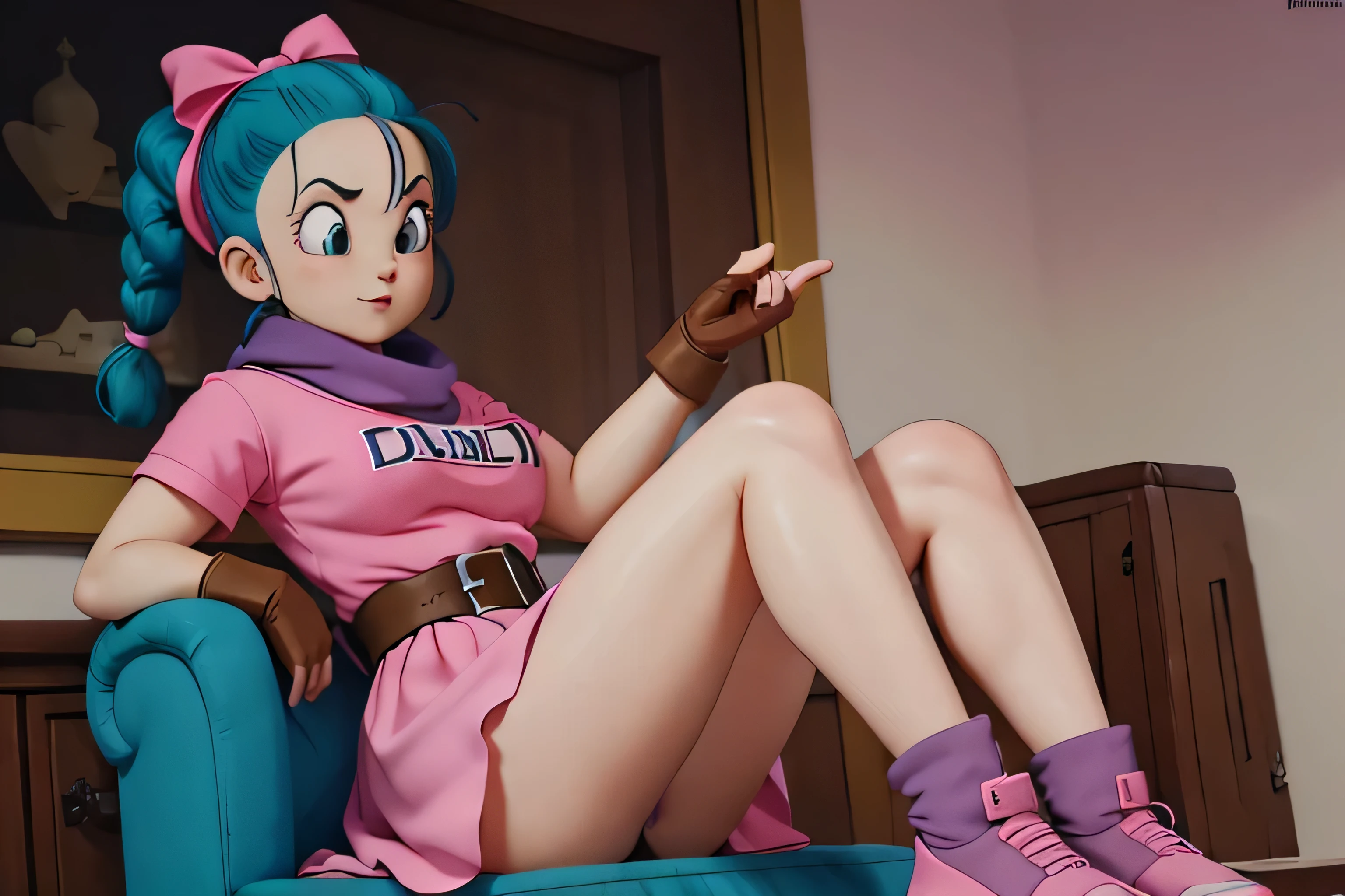 masterpiece, best quality, high resolution, dragon ball, blmpony, aqua hair, hair ribbon, braided ponytail, pink shirt, belt, scarf, pink skirt, clothes writing, brown gloves, medium breasts, in back mini pink dress, sitting, legs crossed, very sexy. CROSING LEGS, SHOW BOOTY